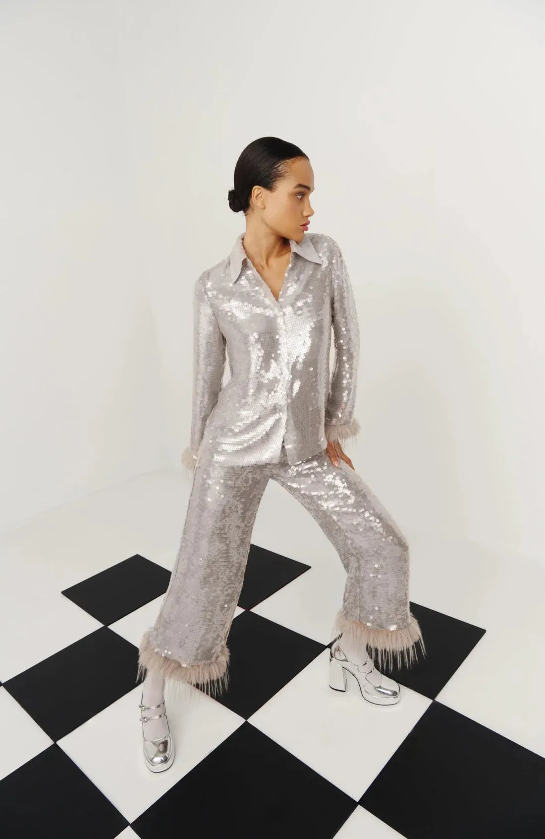 Celia B Oasis Dazzling Sequin & Feather Trim Grey Shirt & Trousers