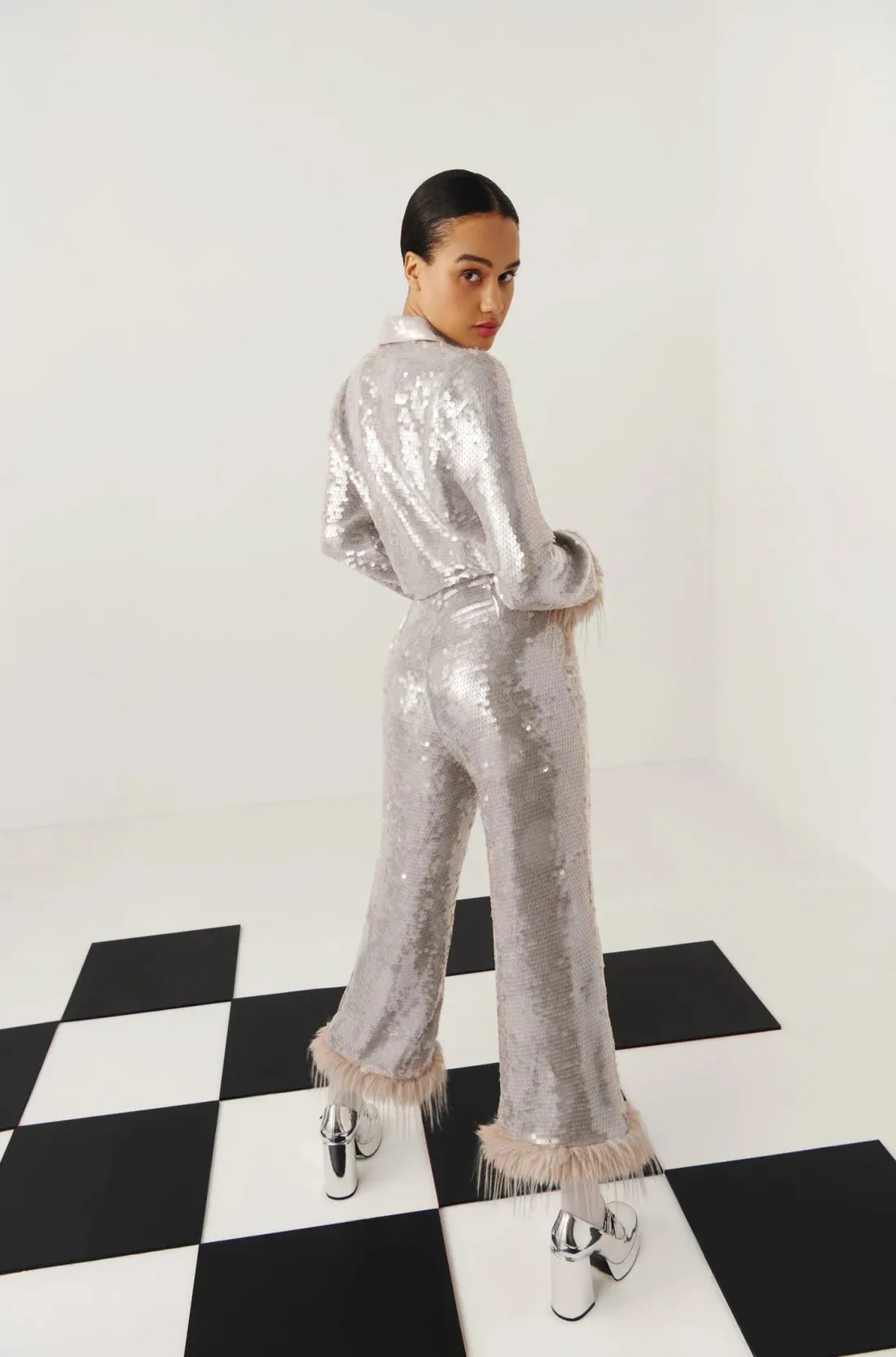 Celia B Oasis Dazzling Sequin & Feather Trim Grey Shirt & Trousers