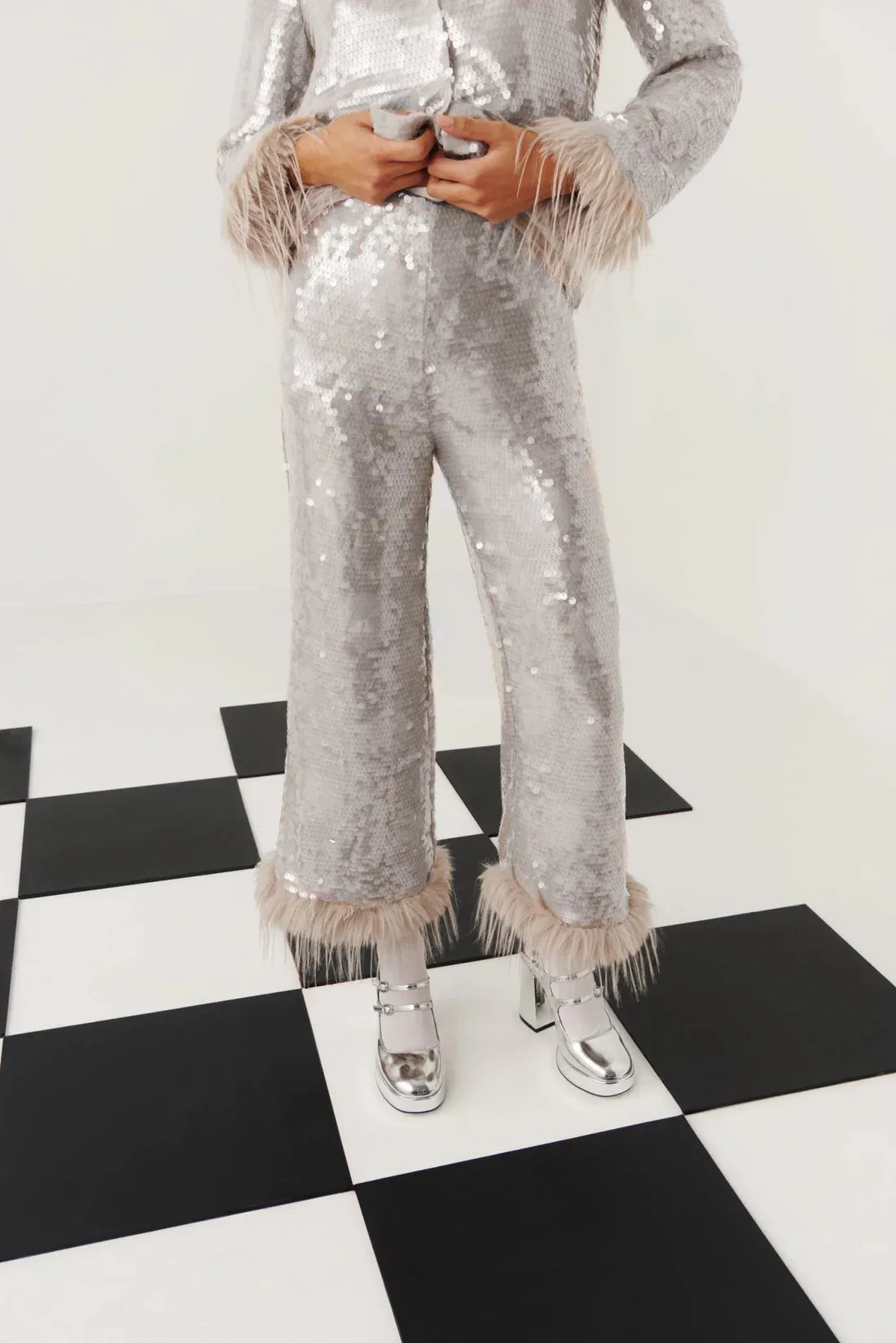 Celia B Oasis Dazzling Sequin & Feather Trim Grey Shirt & Trousers