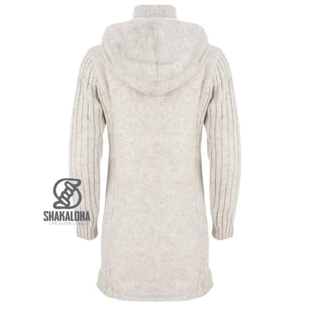 Chic Long Ladies Woollen Jacket with CottonLining and Detachable Hood