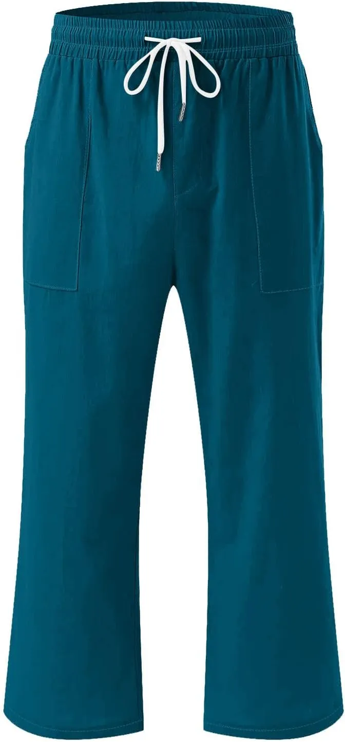Cotton Linen Capris for Women Casual Summer High Waisted Wide Leg Capri Pants Lightweight Loose Cropped Trousers Solid