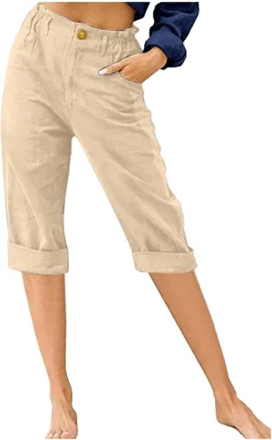 Cotton Linen Cropped Pants for Women Loose Casual Capris Breathable Lightweight Dress Pant Summer Straight Leg Trousers