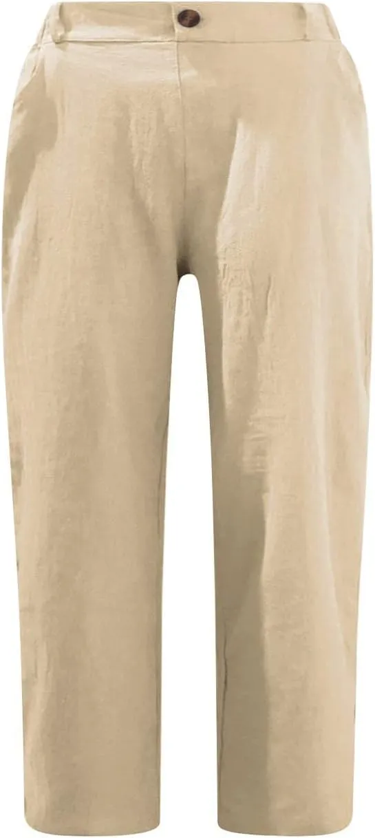Cotton Linen Cropped Pants for Women Loose Casual Capris Breathable Lightweight Dress Pant Summer Straight Leg Trousers