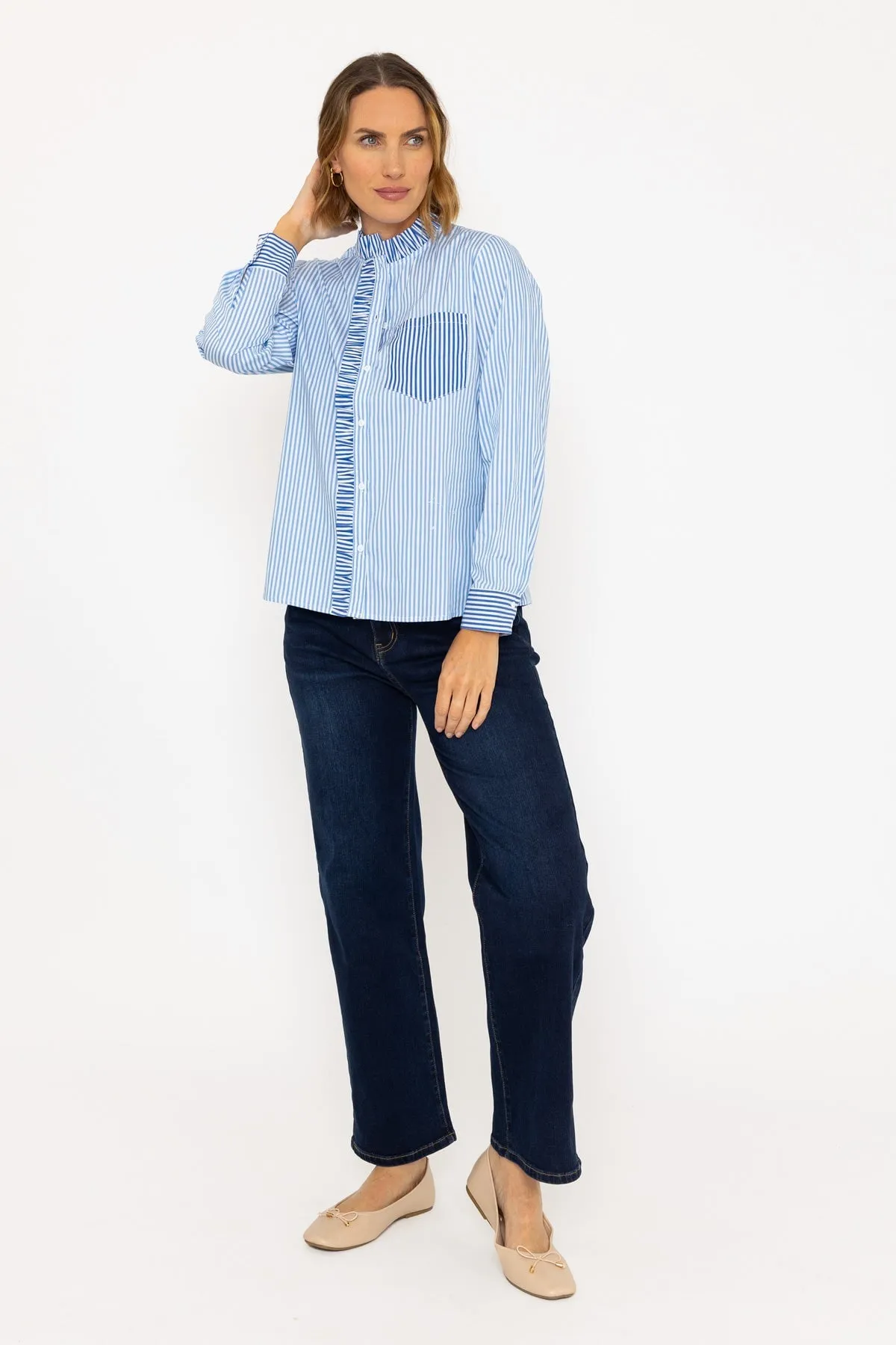Cotton Ruffle Placket Shirt in Blue