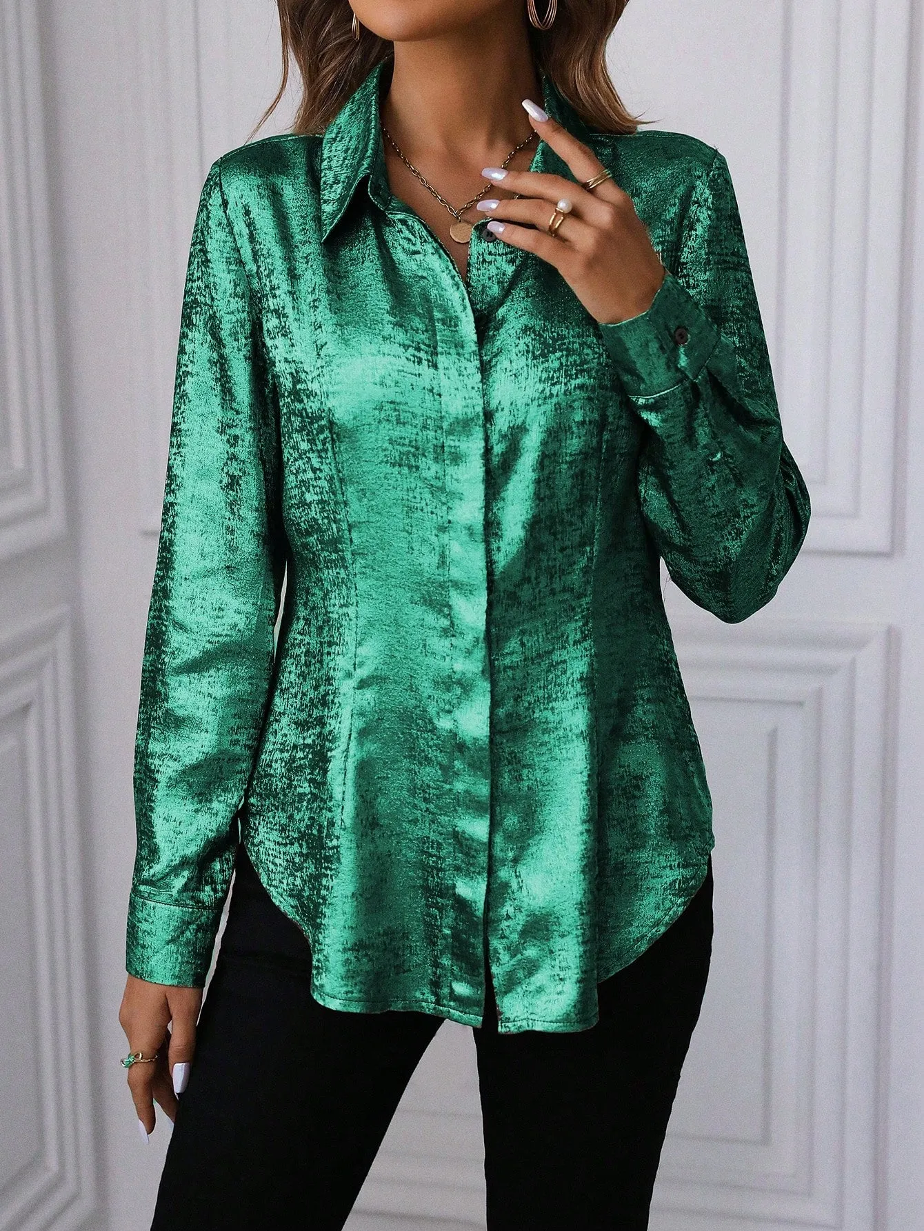 Curved Hem Hidden Button Through Shirt
