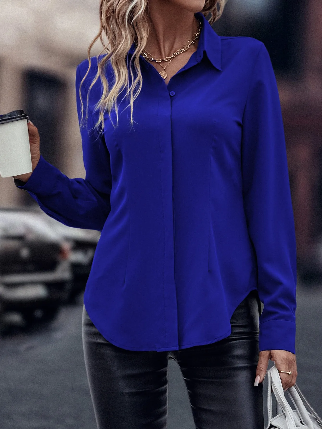 Curved Hem Hidden Button Through Shirt