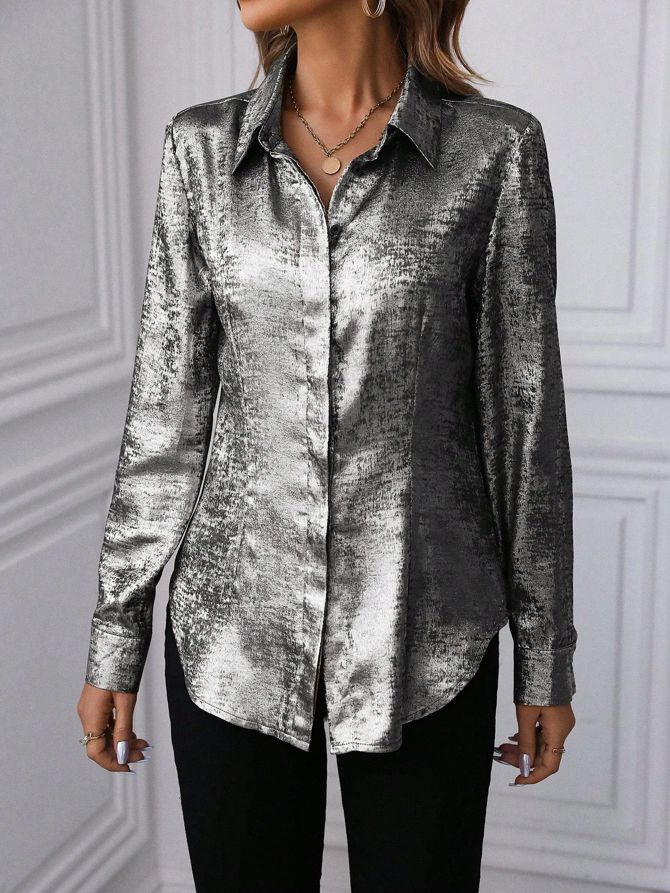 Curved Hem Hidden Button Through Shirt