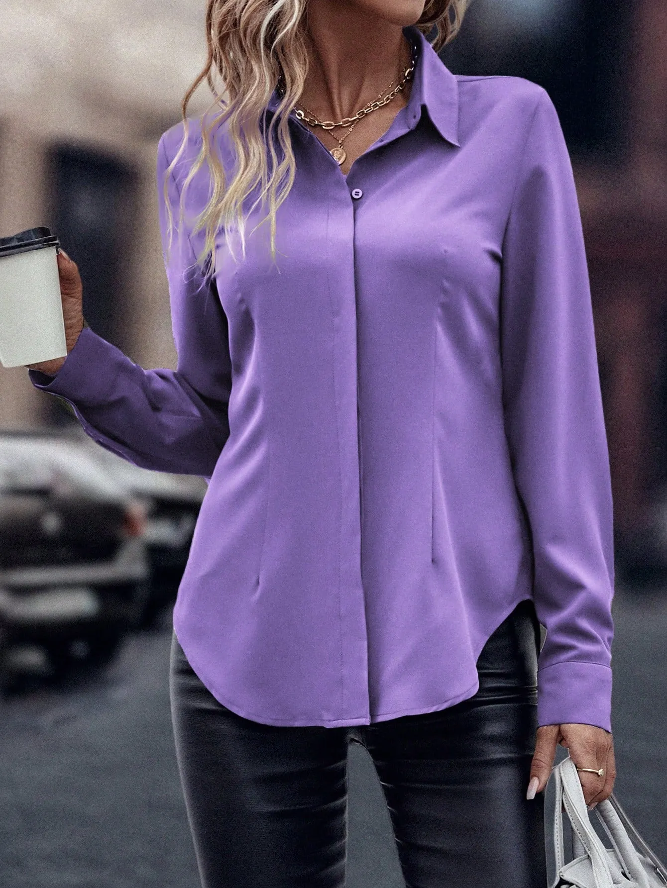 Curved Hem Hidden Button Through Shirt