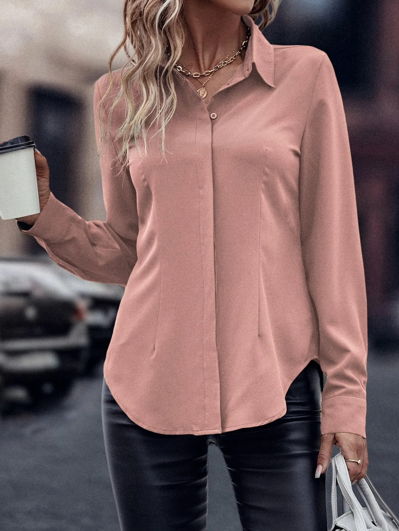 Curved Hem Hidden Button Through Shirt