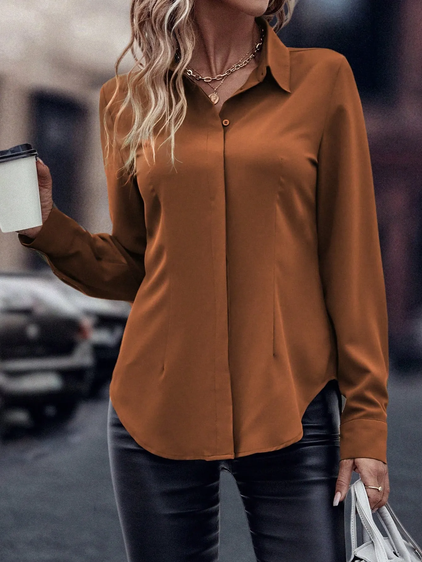 Curved Hem Hidden Button Through Shirt