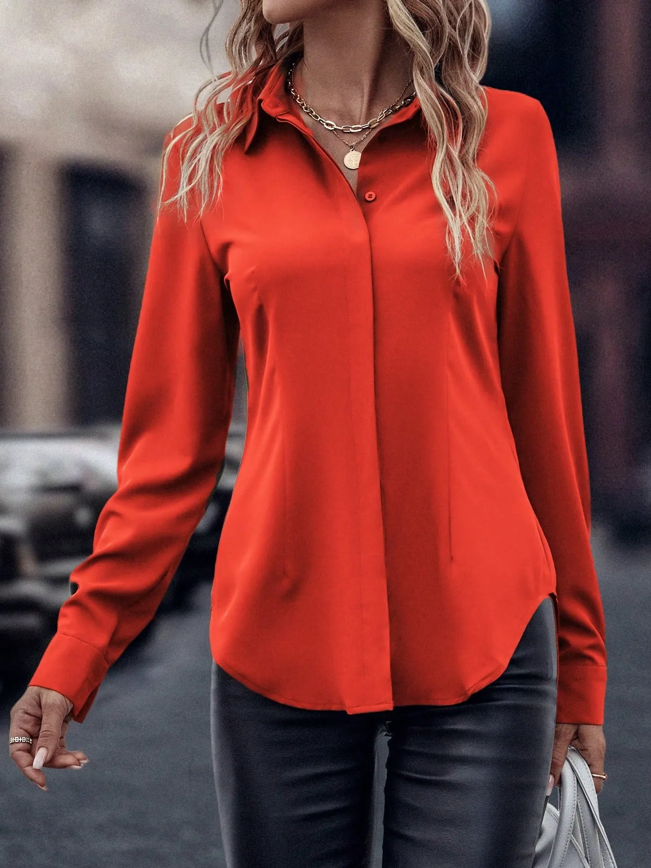 Curved Hem Hidden Button Through Shirt
