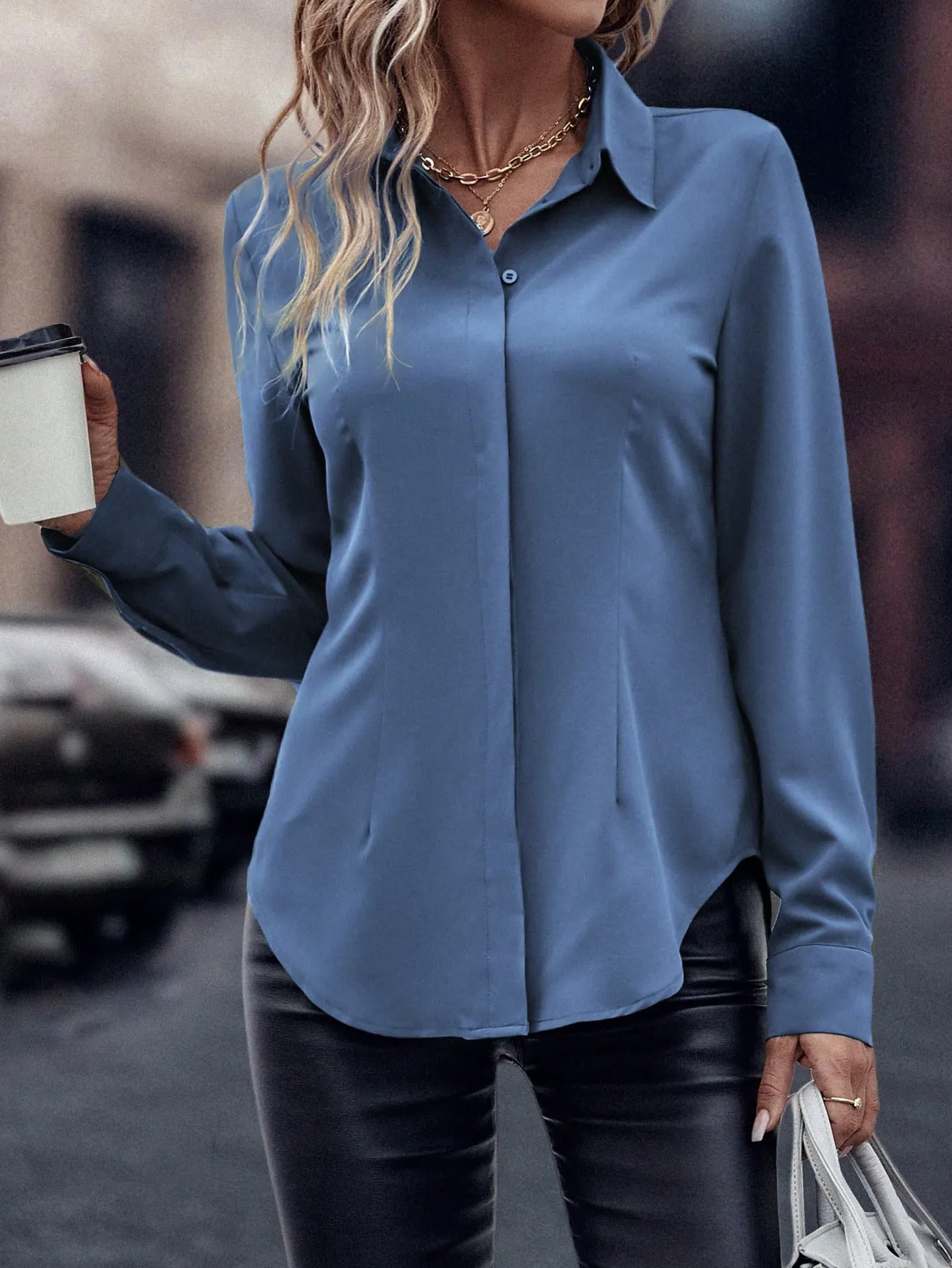 Curved Hem Hidden Button Through Shirt
