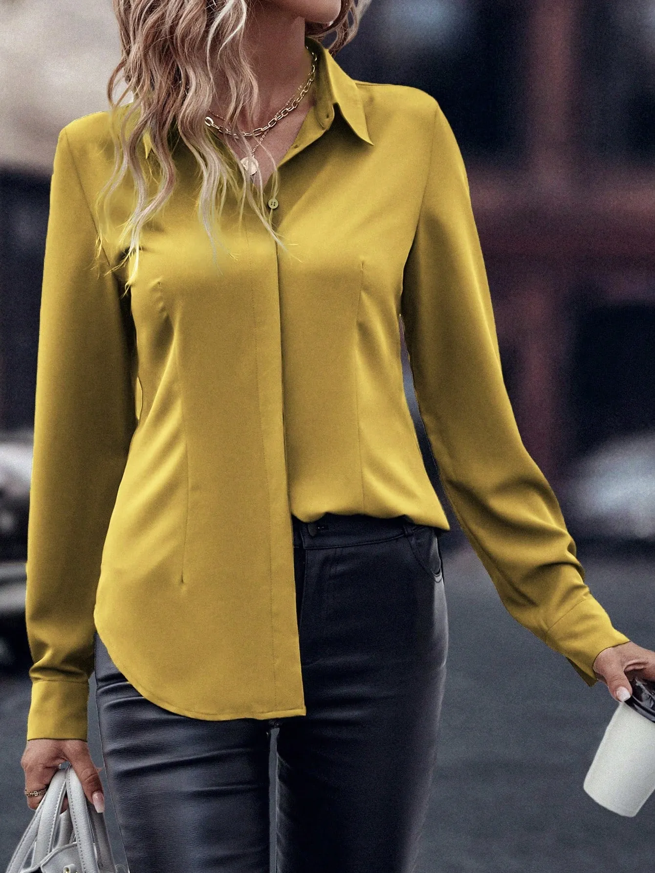 Curved Hem Hidden Button Through Shirt