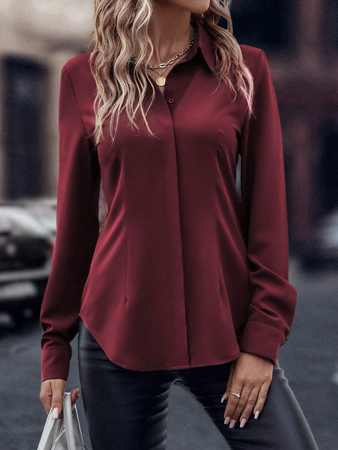Curved Hem Hidden Button Through Shirt