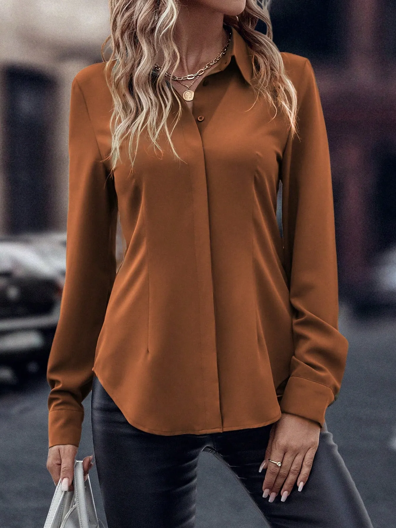 Curved Hem Hidden Button Through Shirt
