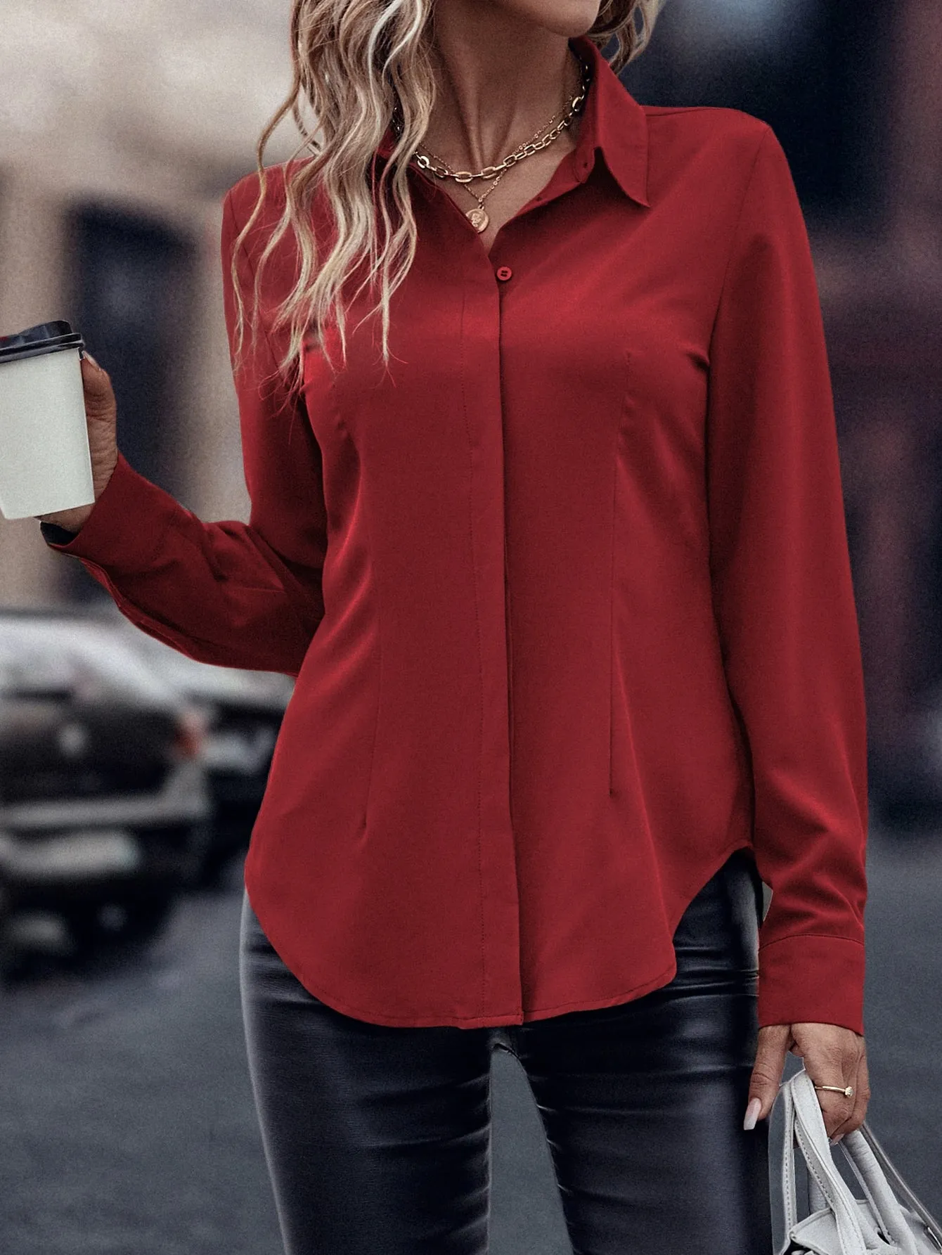 Curved Hem Hidden Button Through Shirt