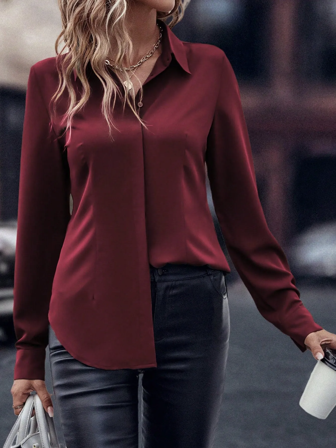 Curved Hem Hidden Button Through Shirt