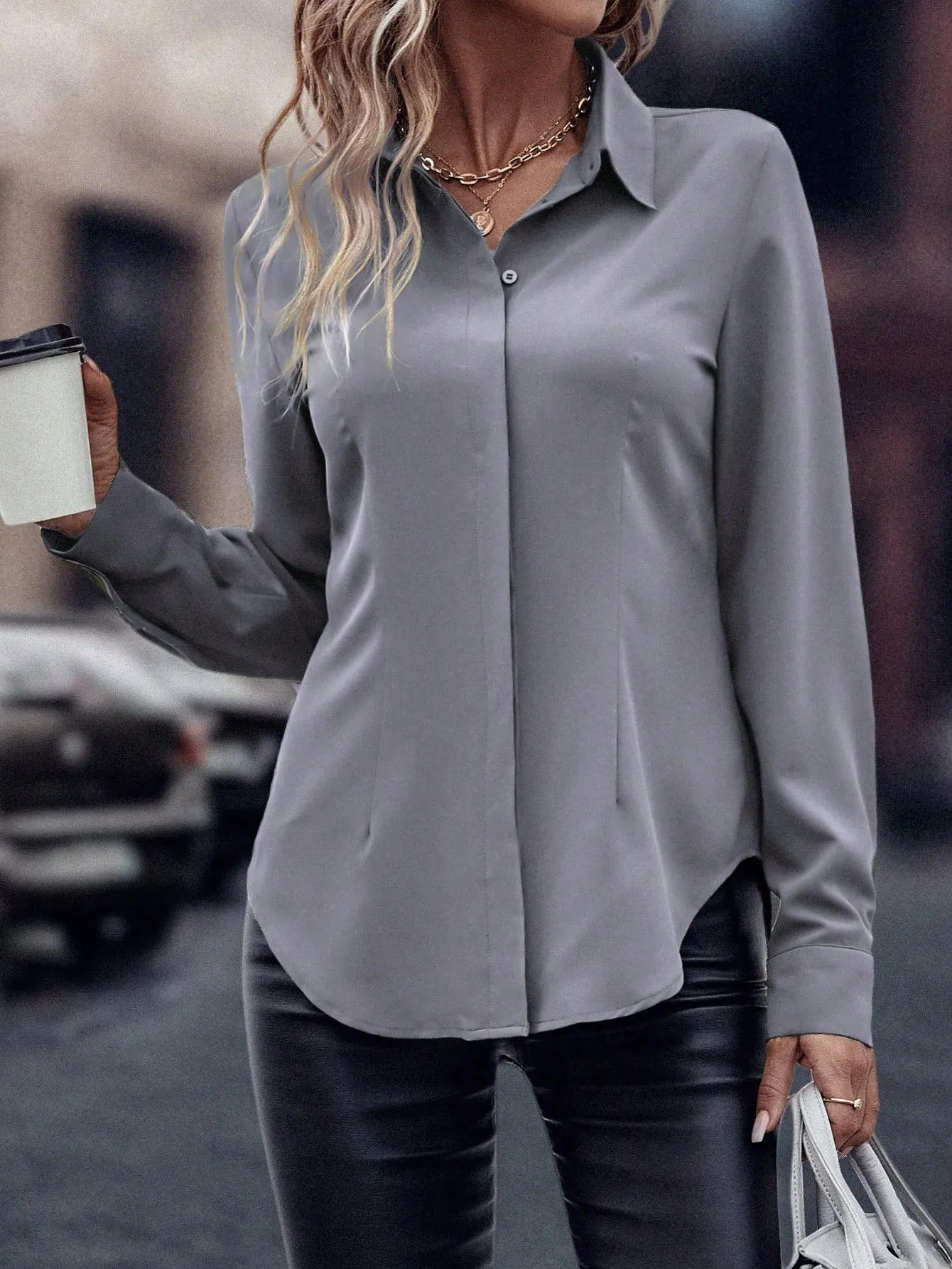 Curved Hem Hidden Button Through Shirt