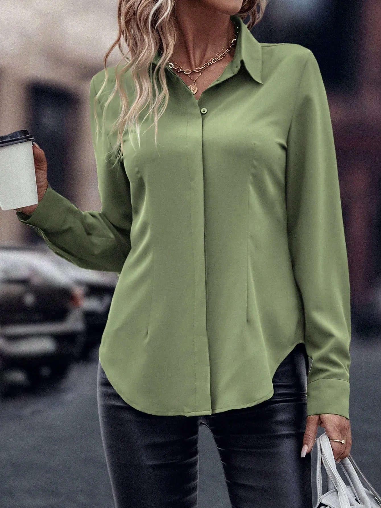 Curved Hem Hidden Button Through Shirt