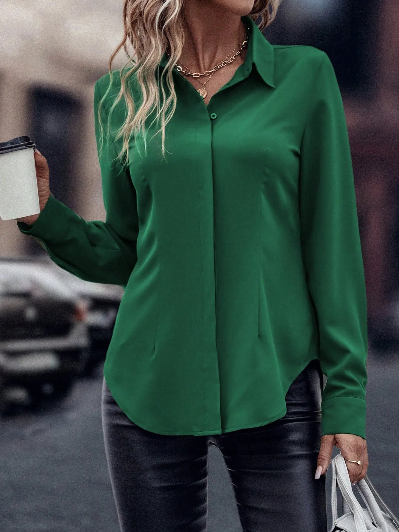 Curved Hem Hidden Button Through Shirt