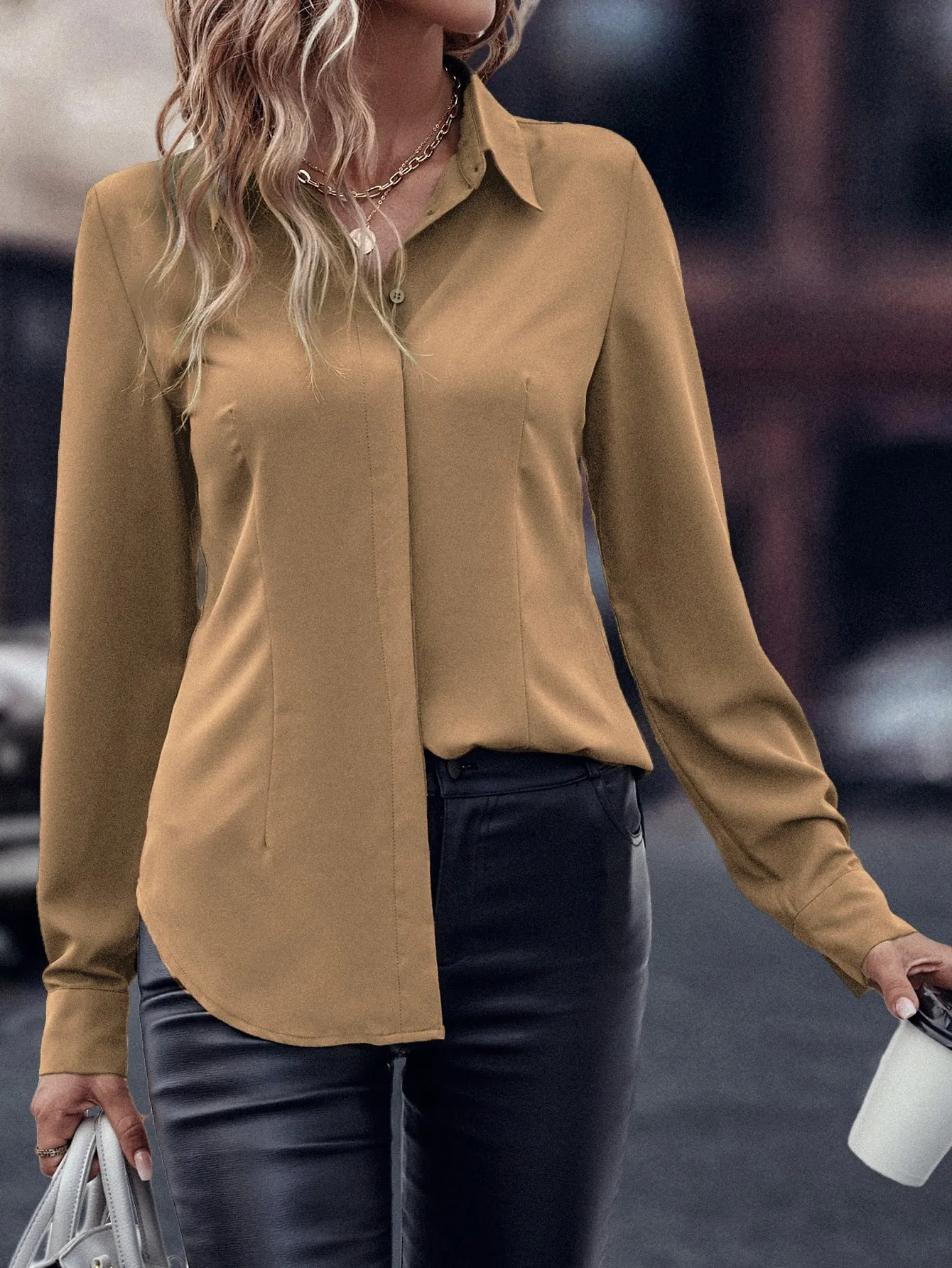 Curved Hem Hidden Button Through Shirt