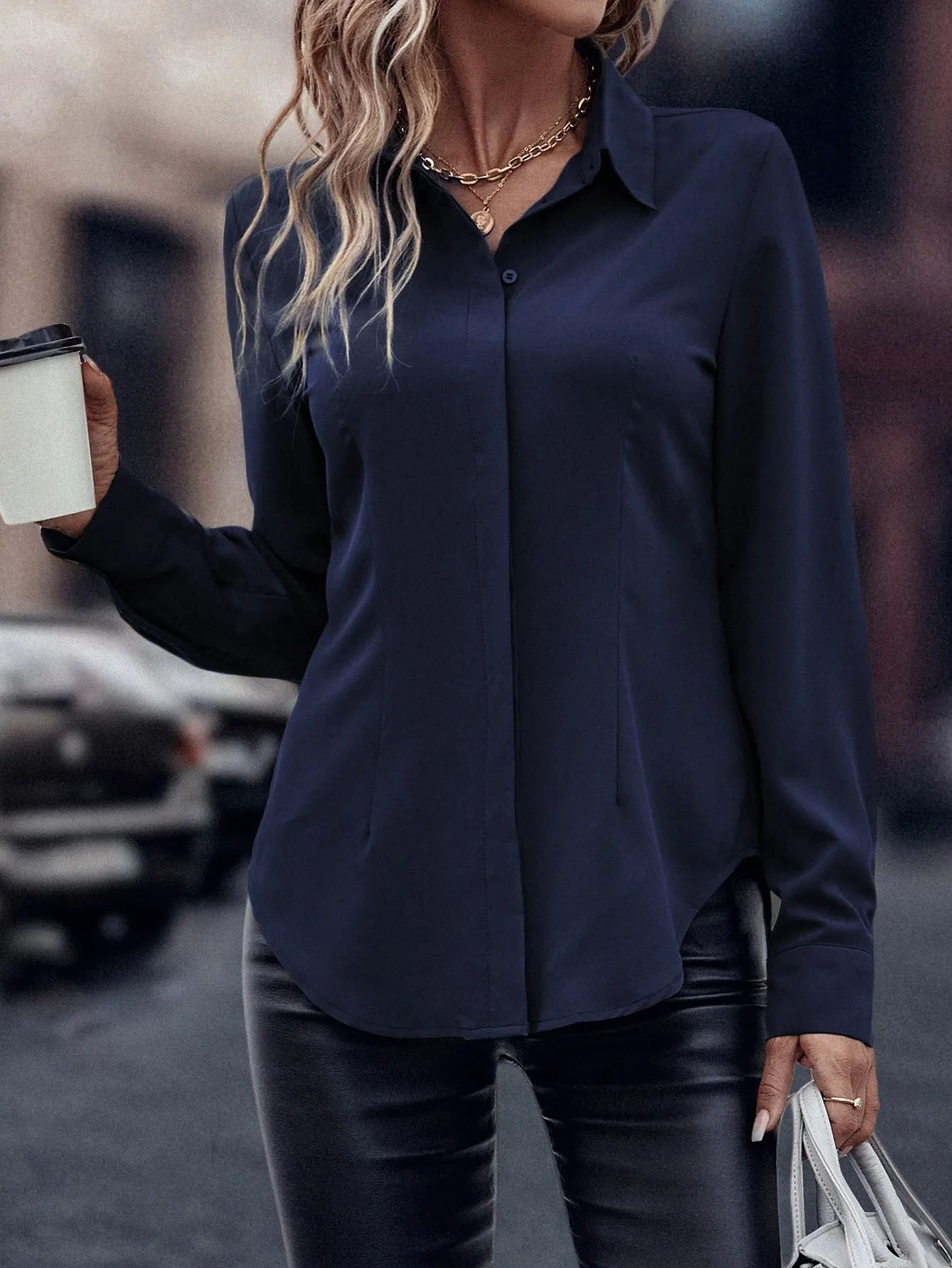 Curved Hem Hidden Button Through Shirt