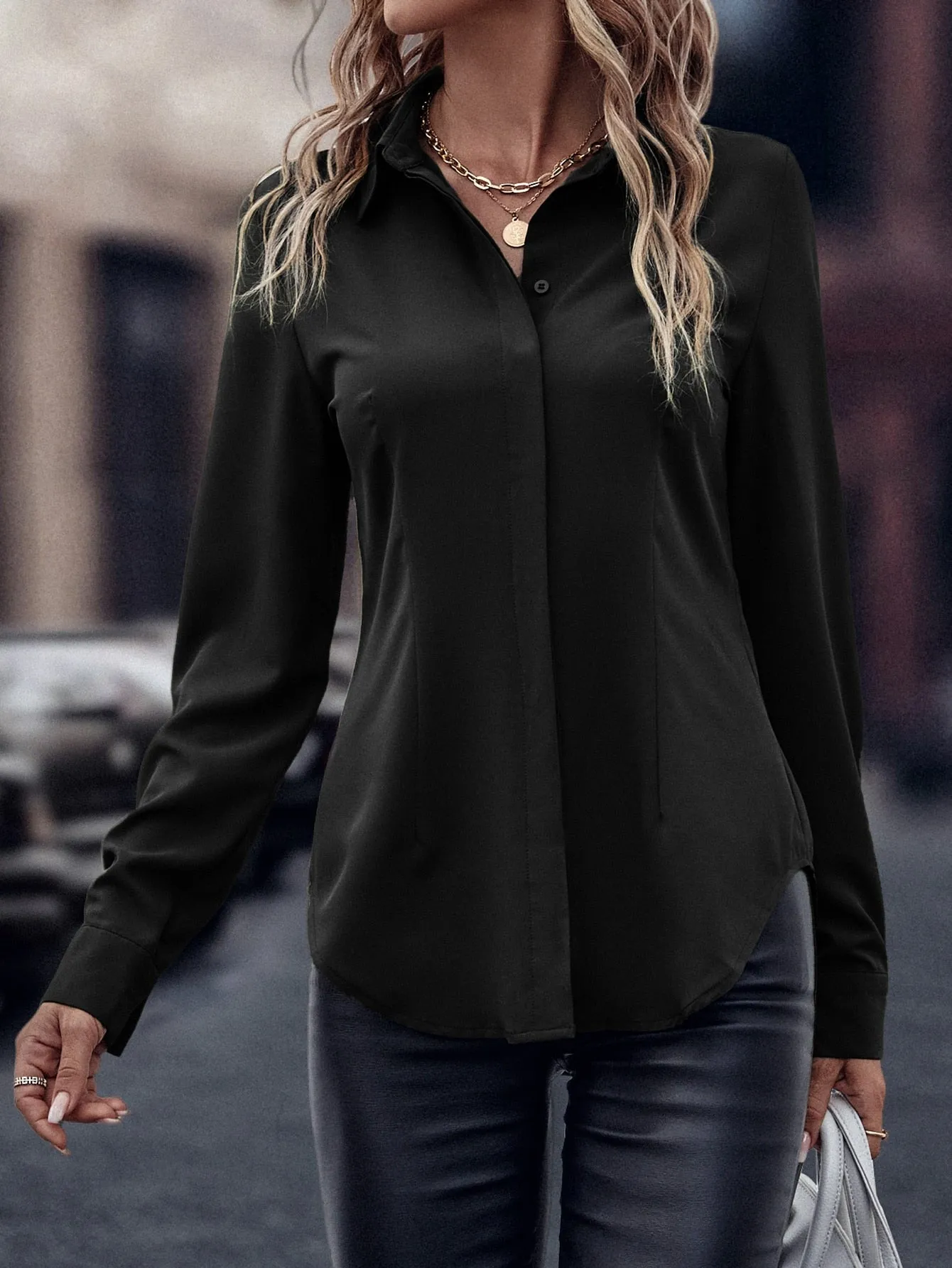 Curved Hem Hidden Button Through Shirt