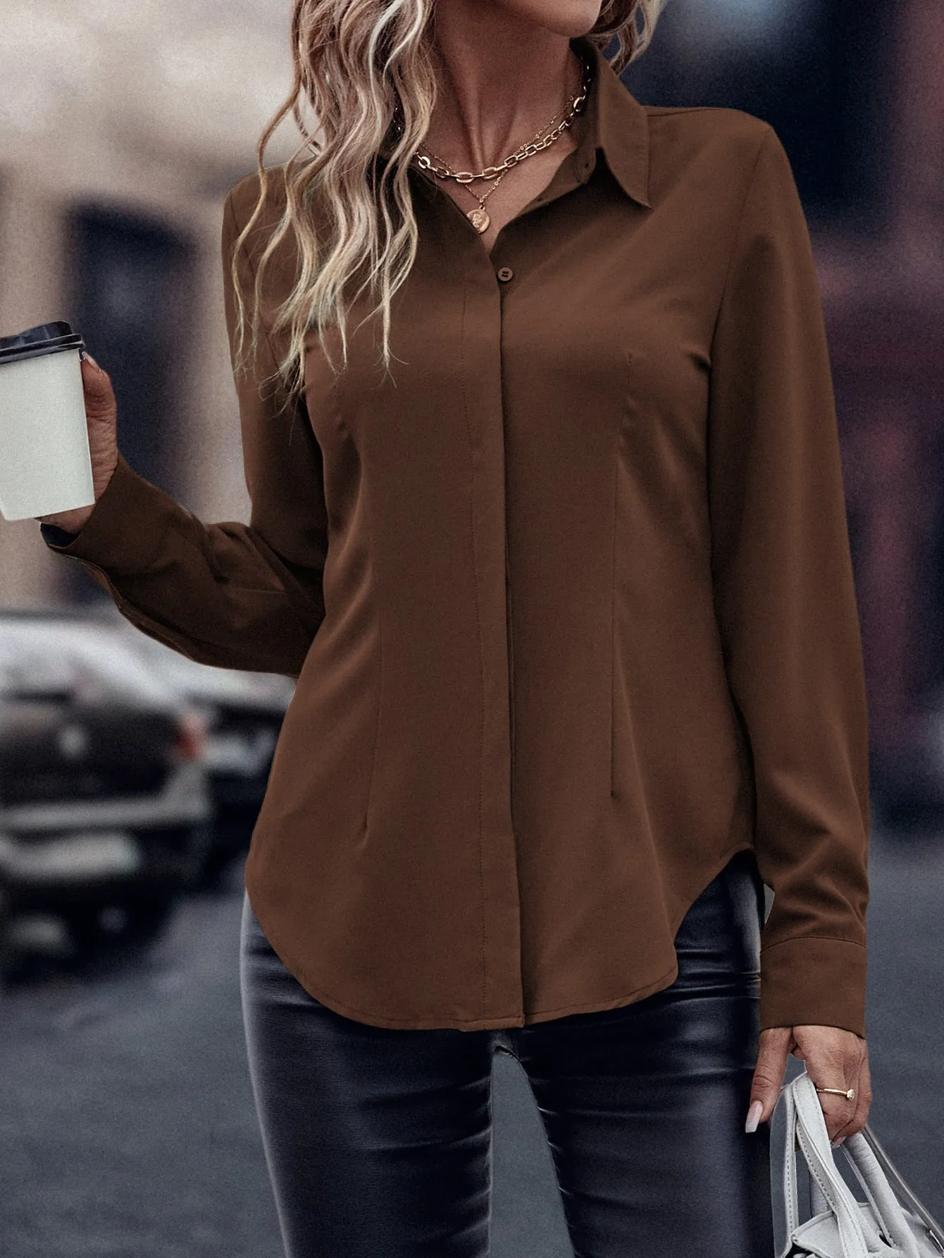 Curved Hem Hidden Button Through Shirt