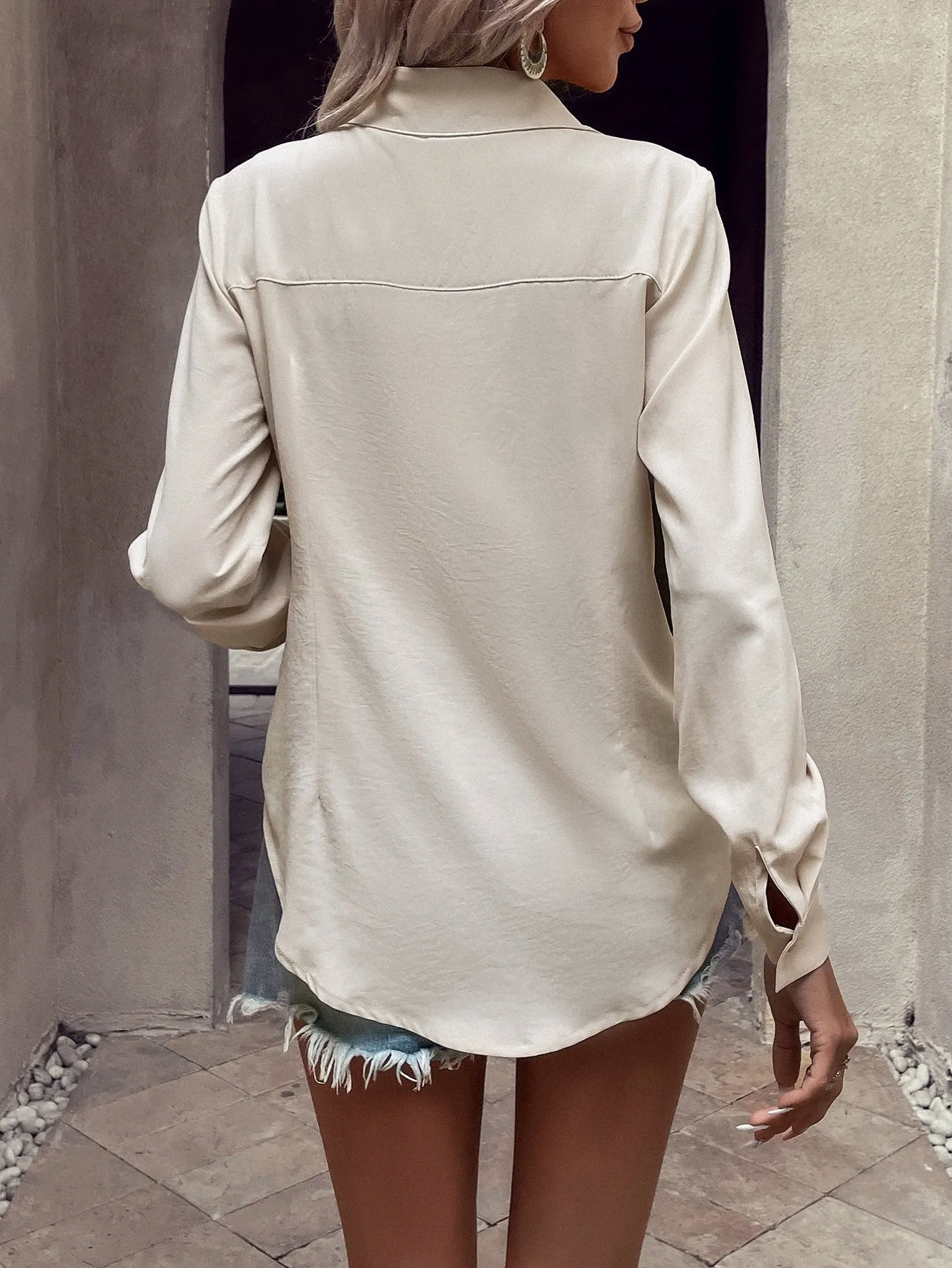 Curved Hem Hidden Button Through Shirt