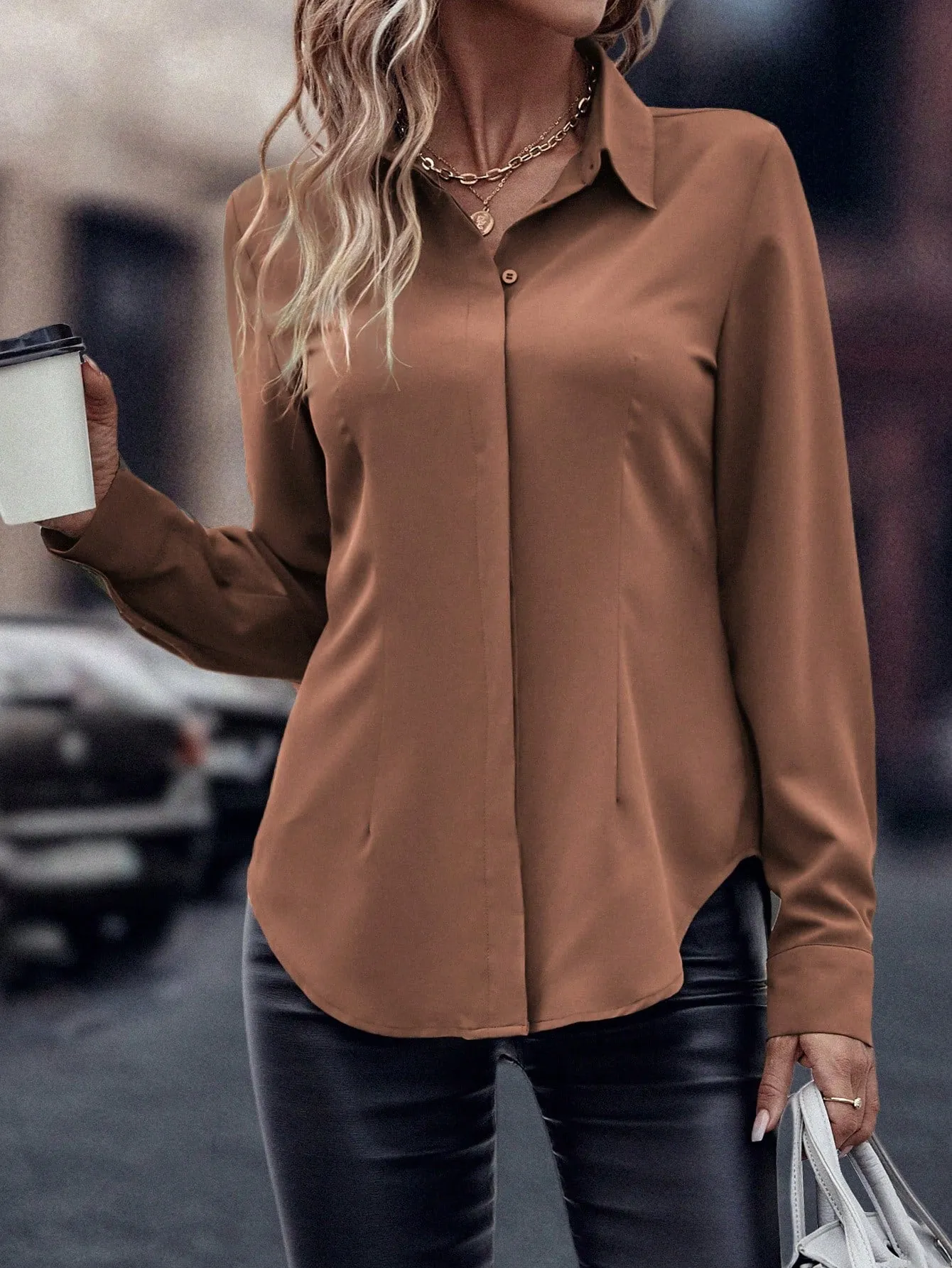 Curved Hem Hidden Button Through Shirt