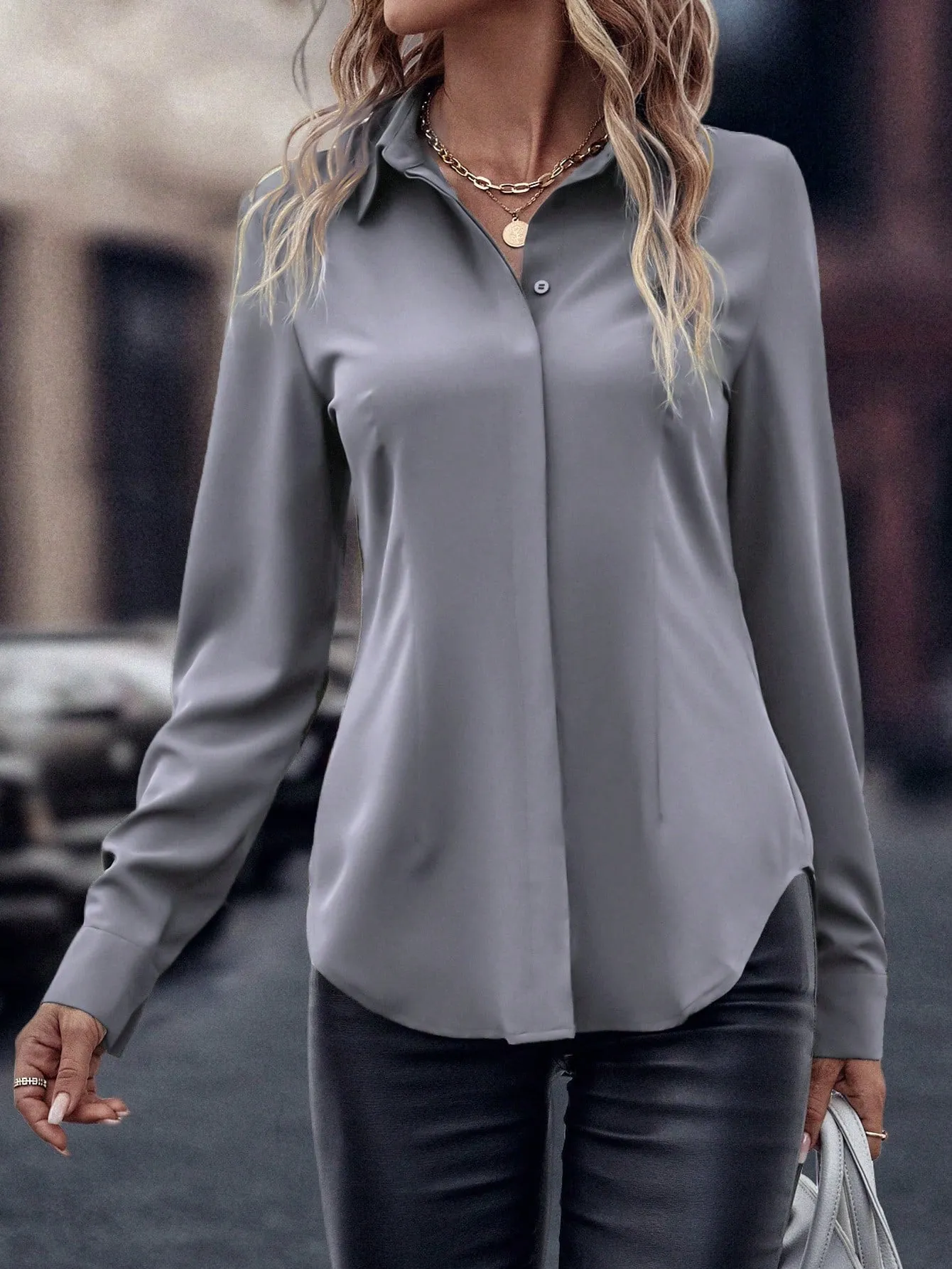 Curved Hem Hidden Button Through Shirt