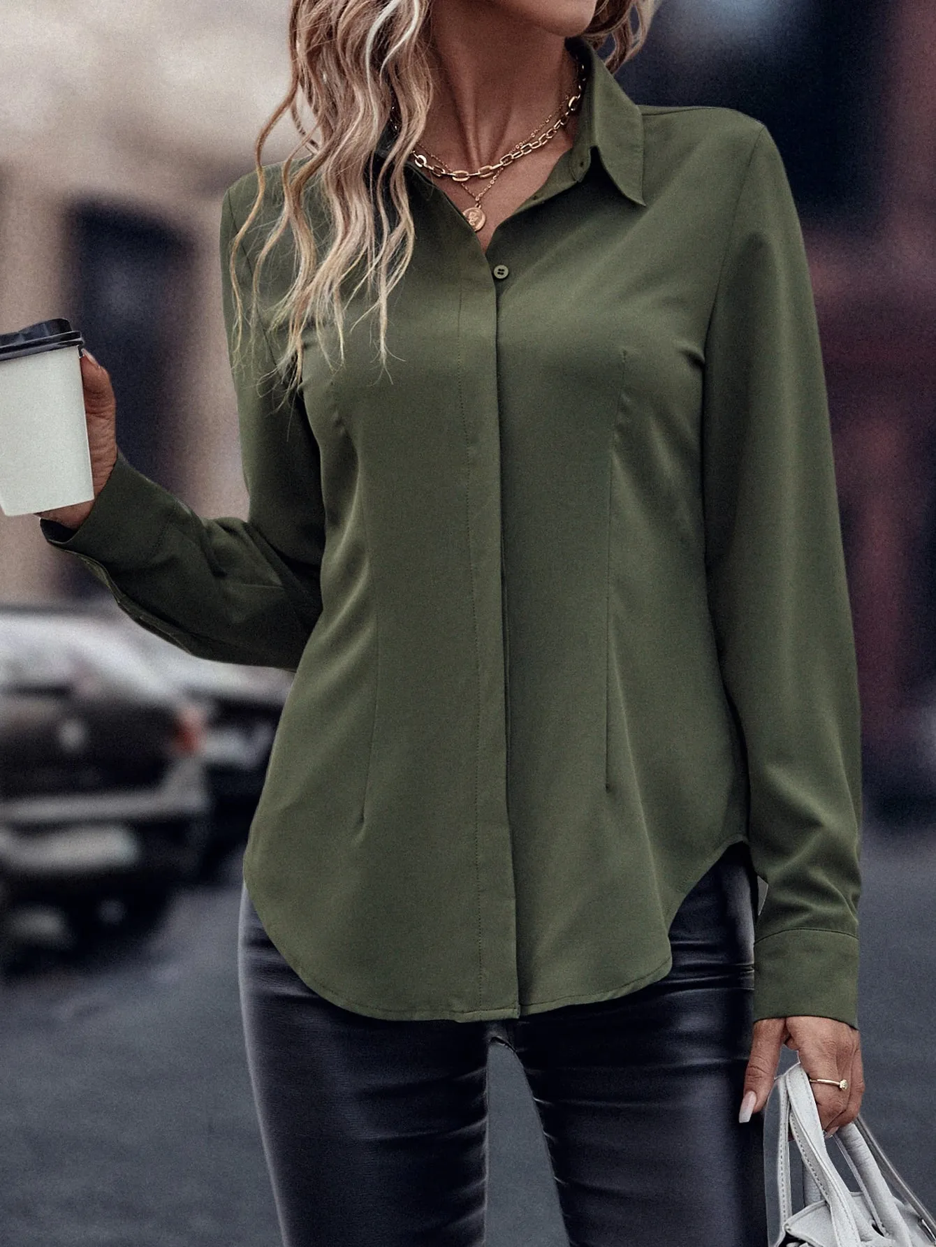 Curved Hem Hidden Button Through Shirt