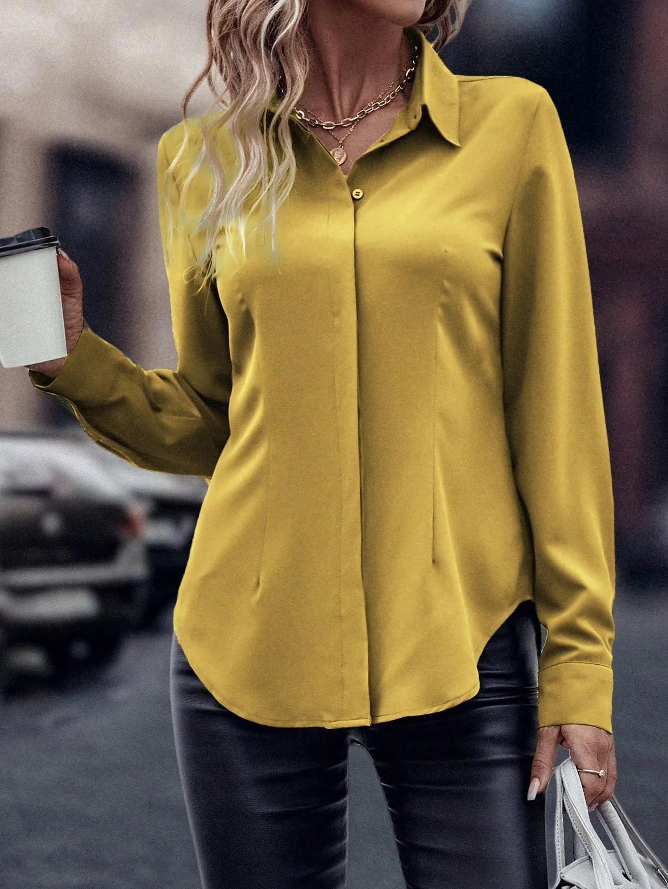 Curved Hem Hidden Button Through Shirt