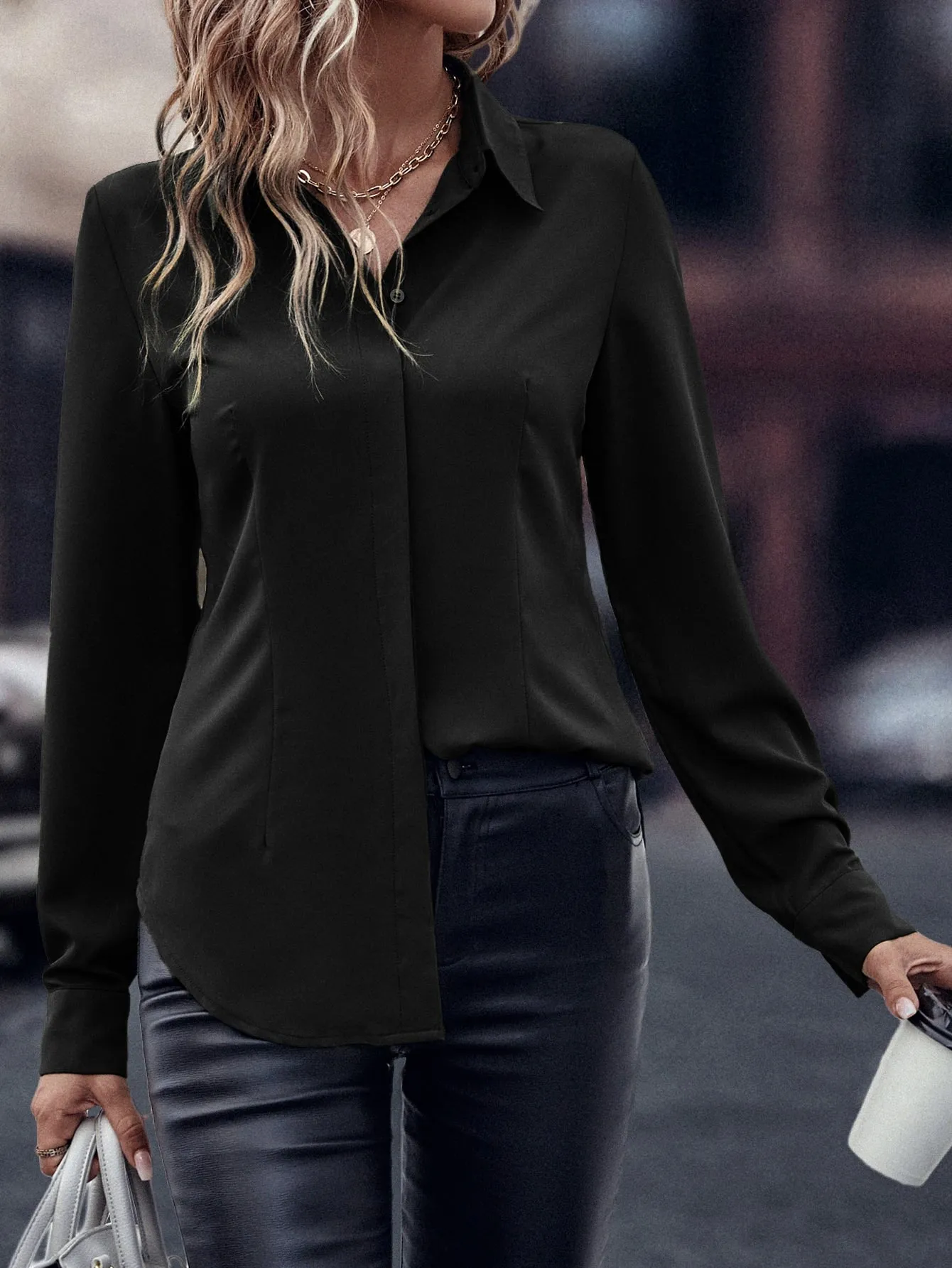 Curved Hem Hidden Button Through Shirt