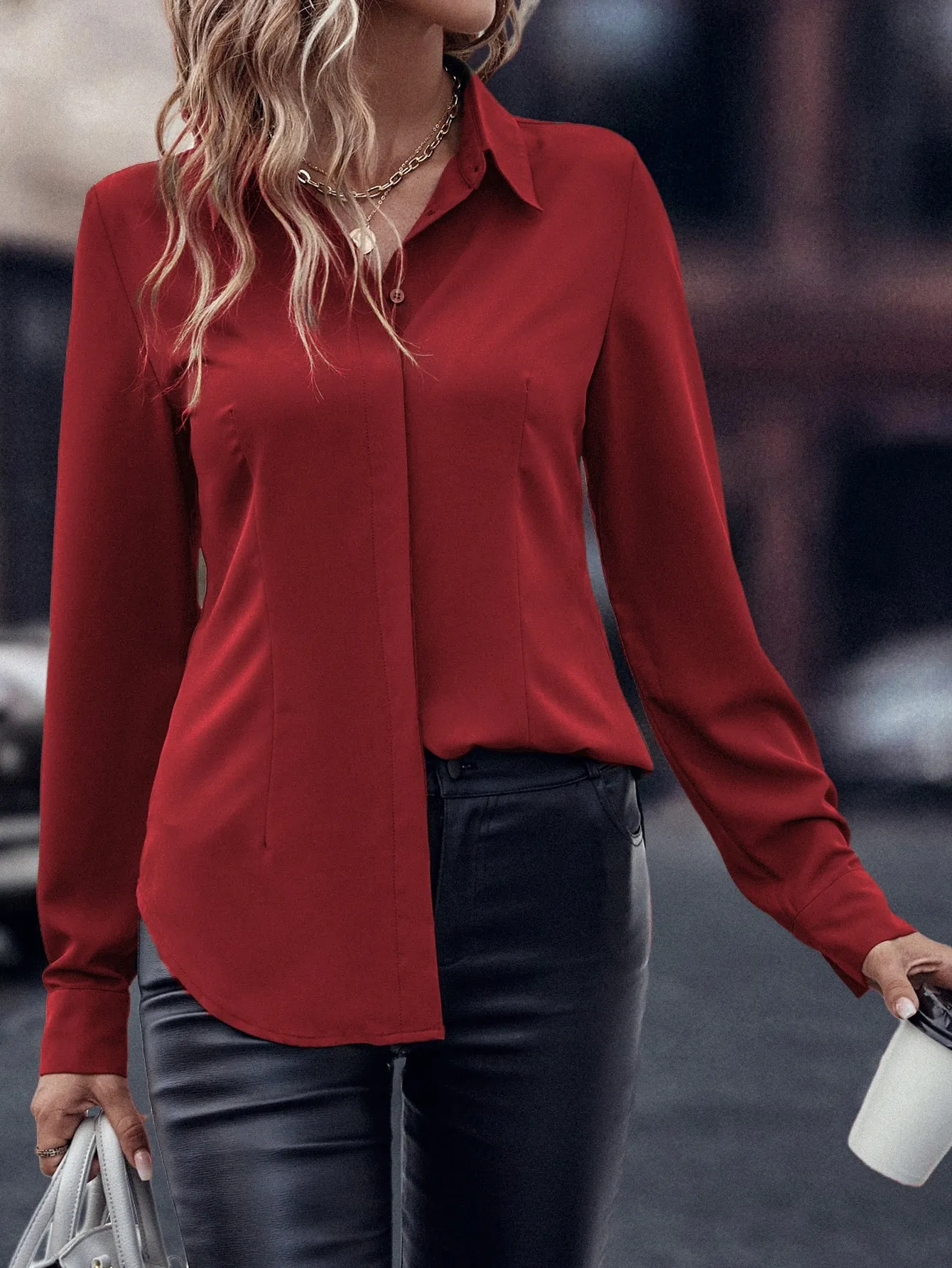 Curved Hem Hidden Button Through Shirt
