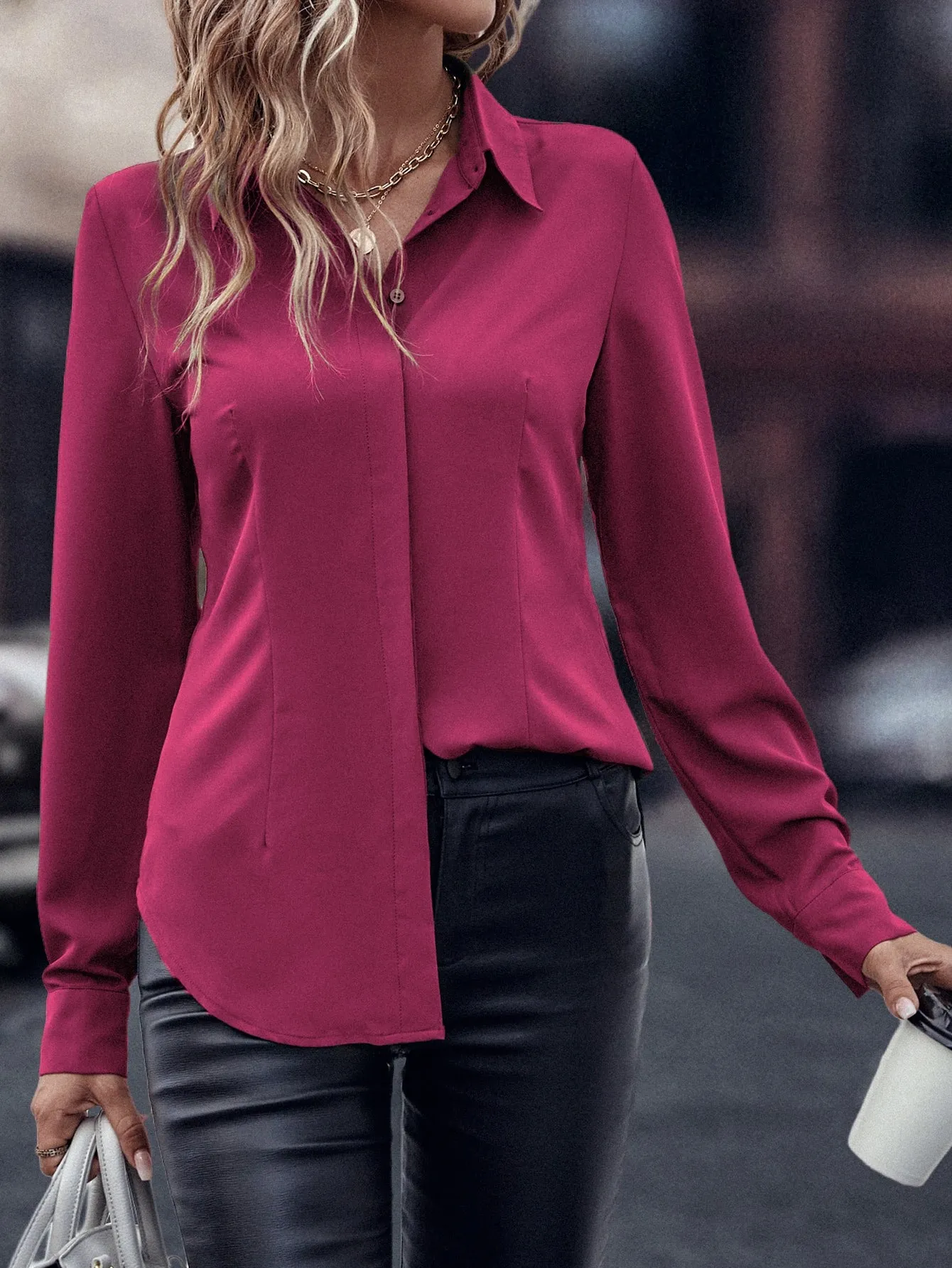 Curved Hem Hidden Button Through Shirt