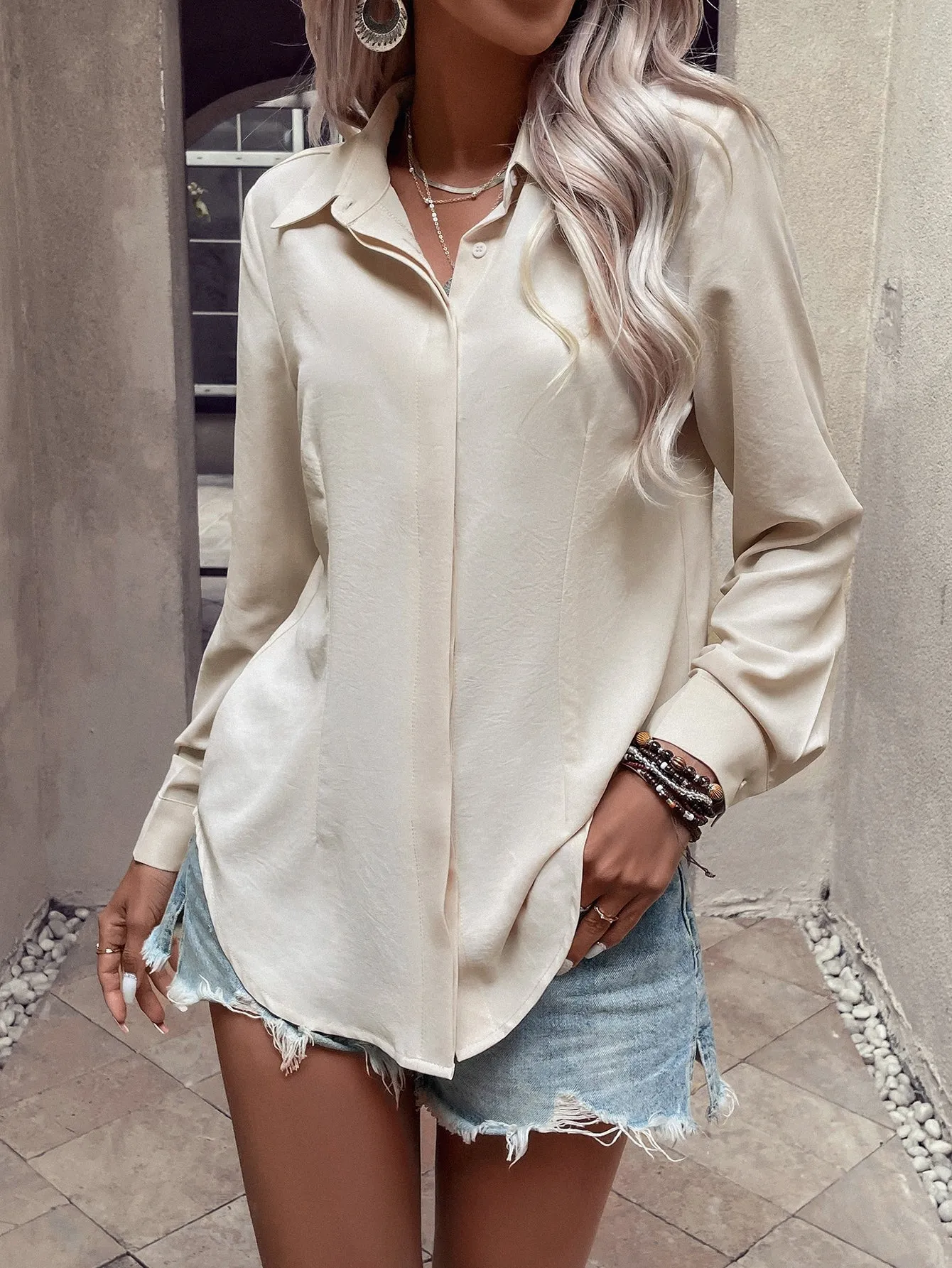 Curved Hem Hidden Button Through Shirt