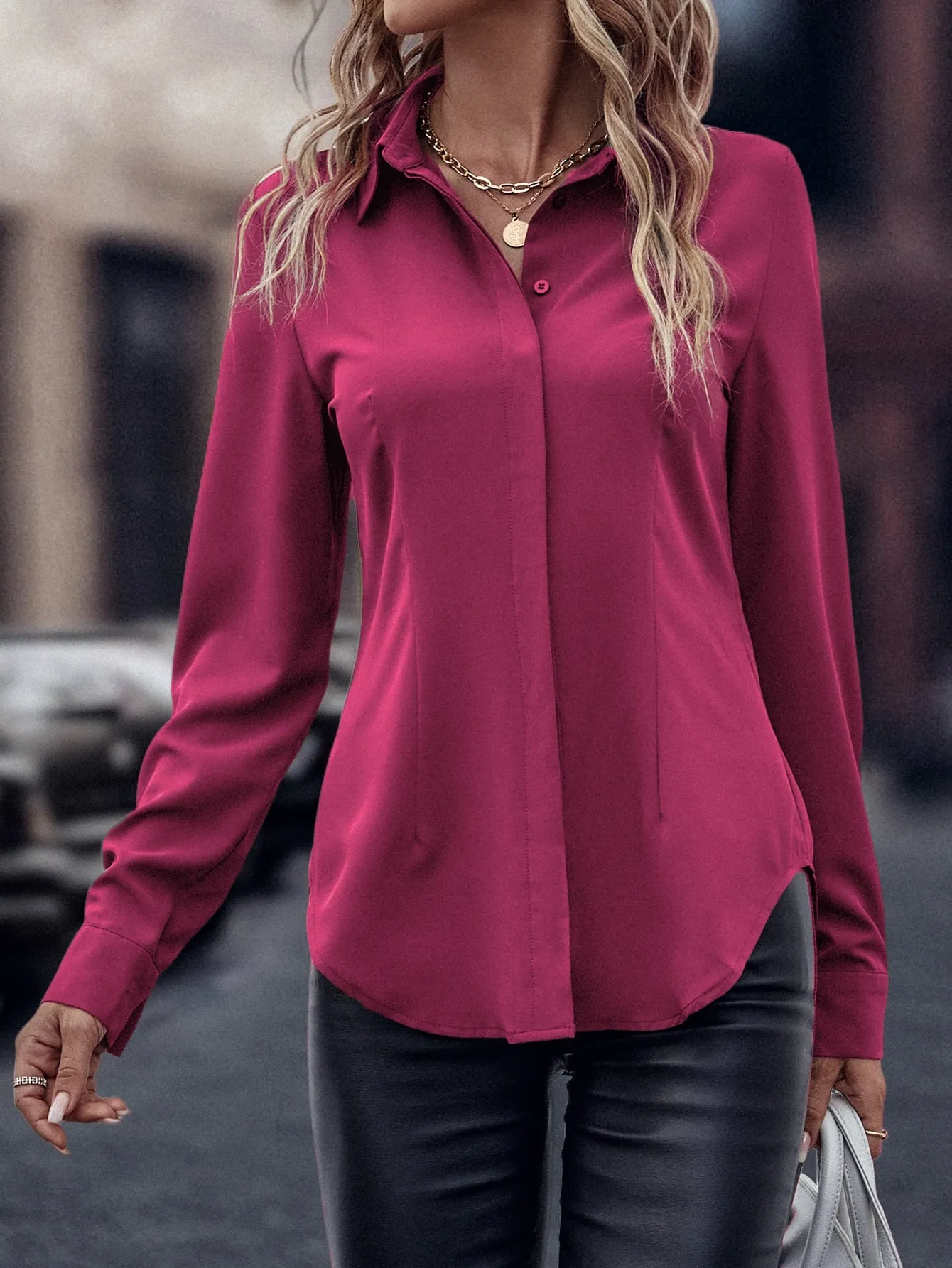 Curved Hem Hidden Button Through Shirt