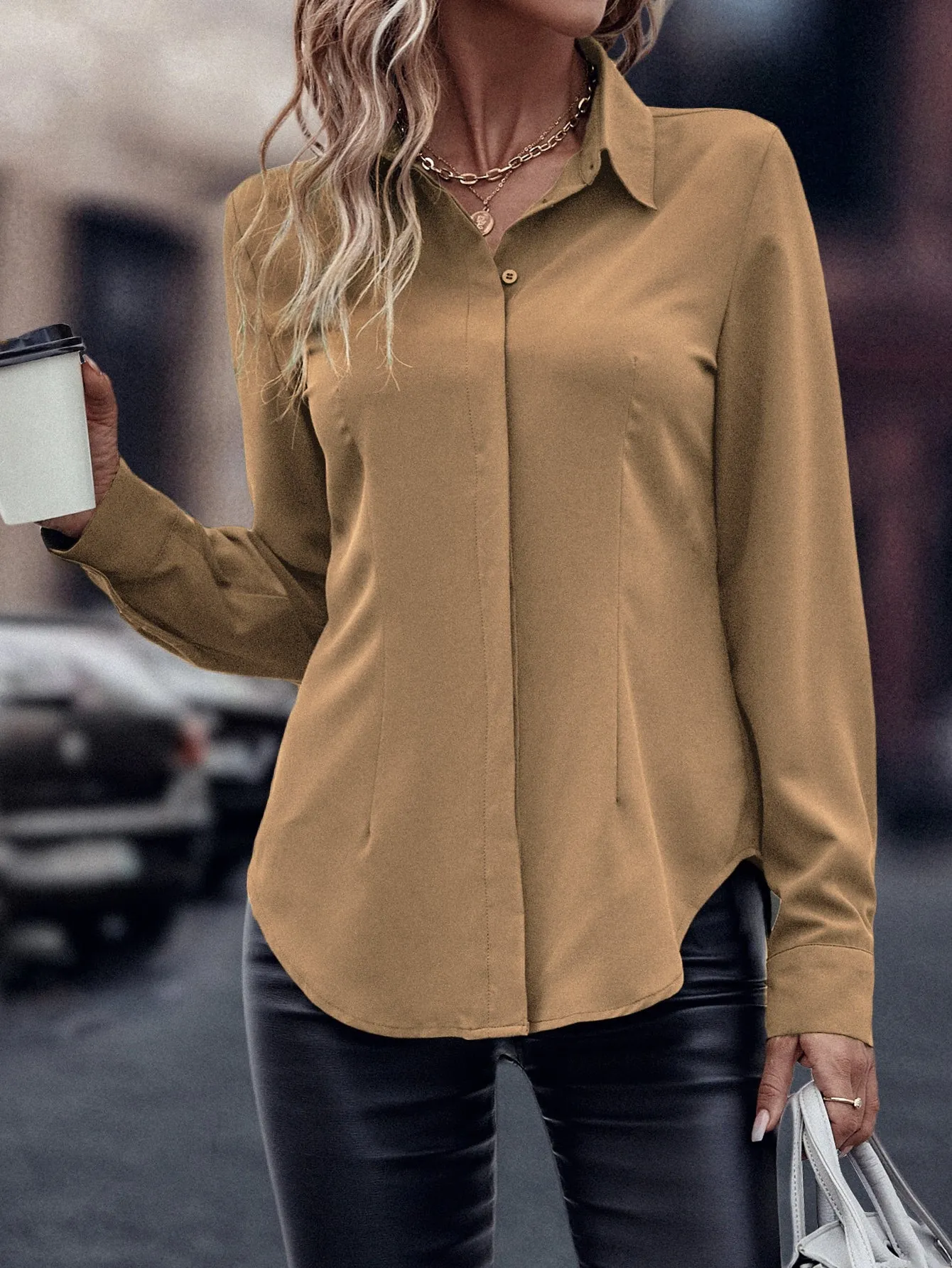 Curved Hem Hidden Button Through Shirt