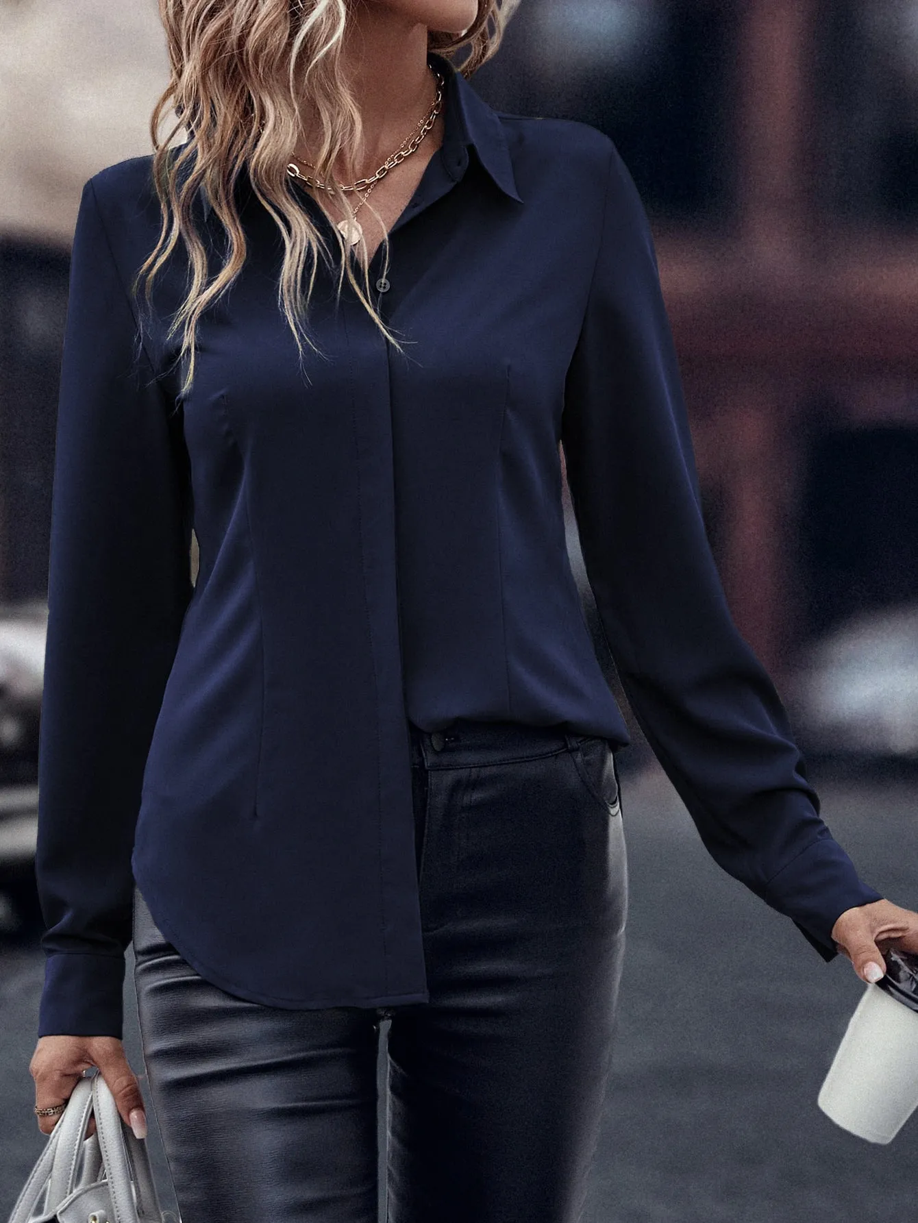 Curved Hem Hidden Button Through Shirt