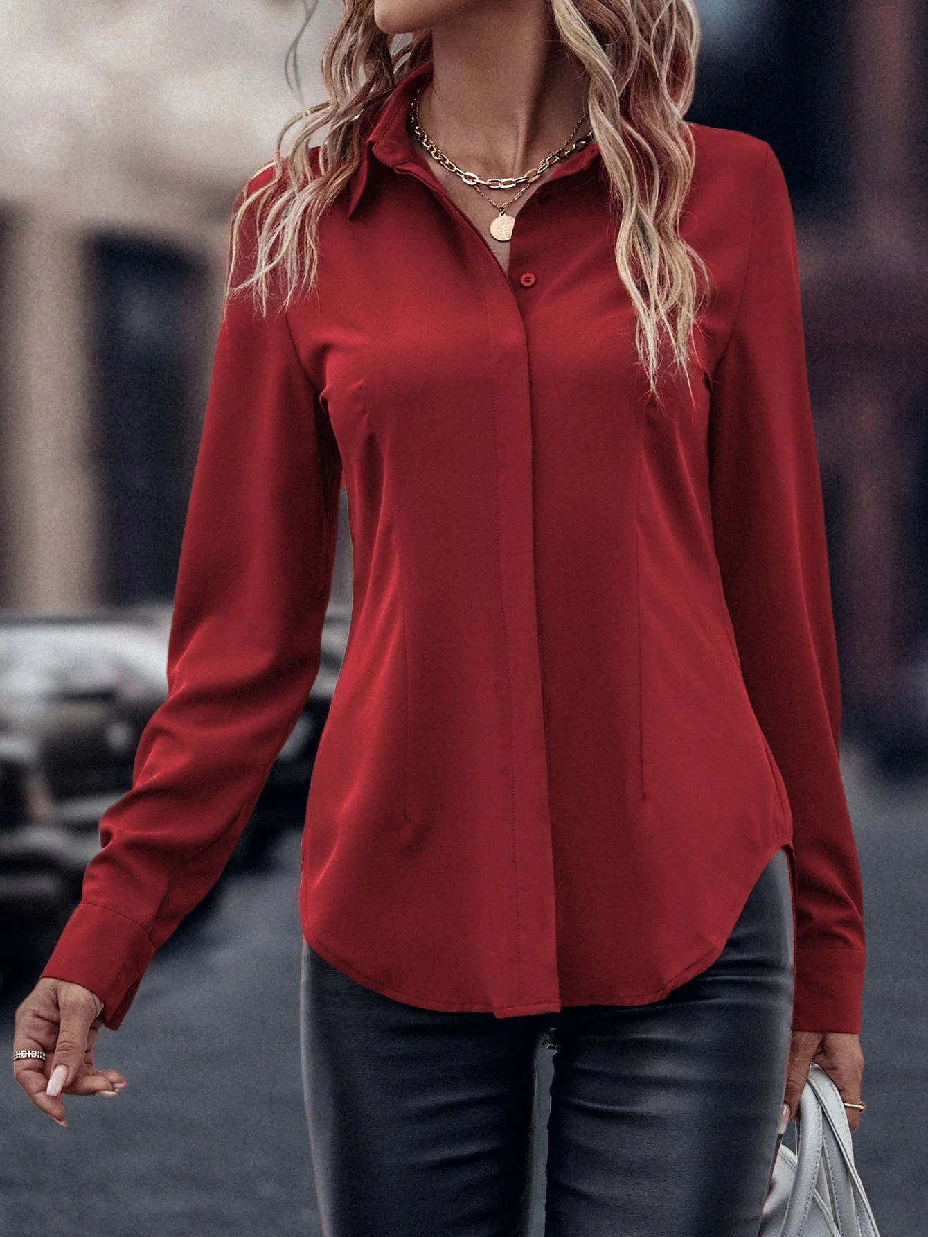 Curved Hem Hidden Button Through Shirt