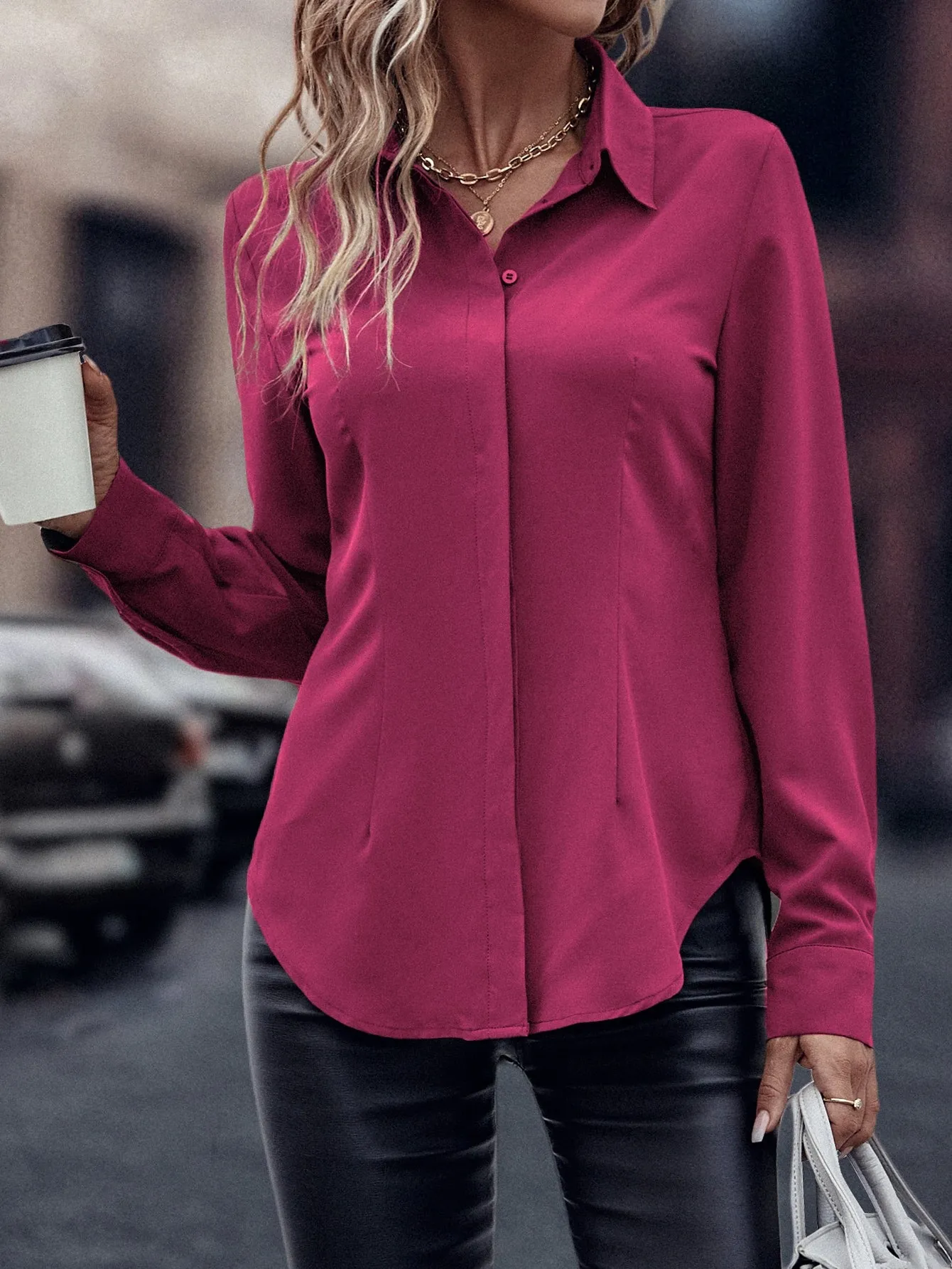 Curved Hem Hidden Button Through Shirt