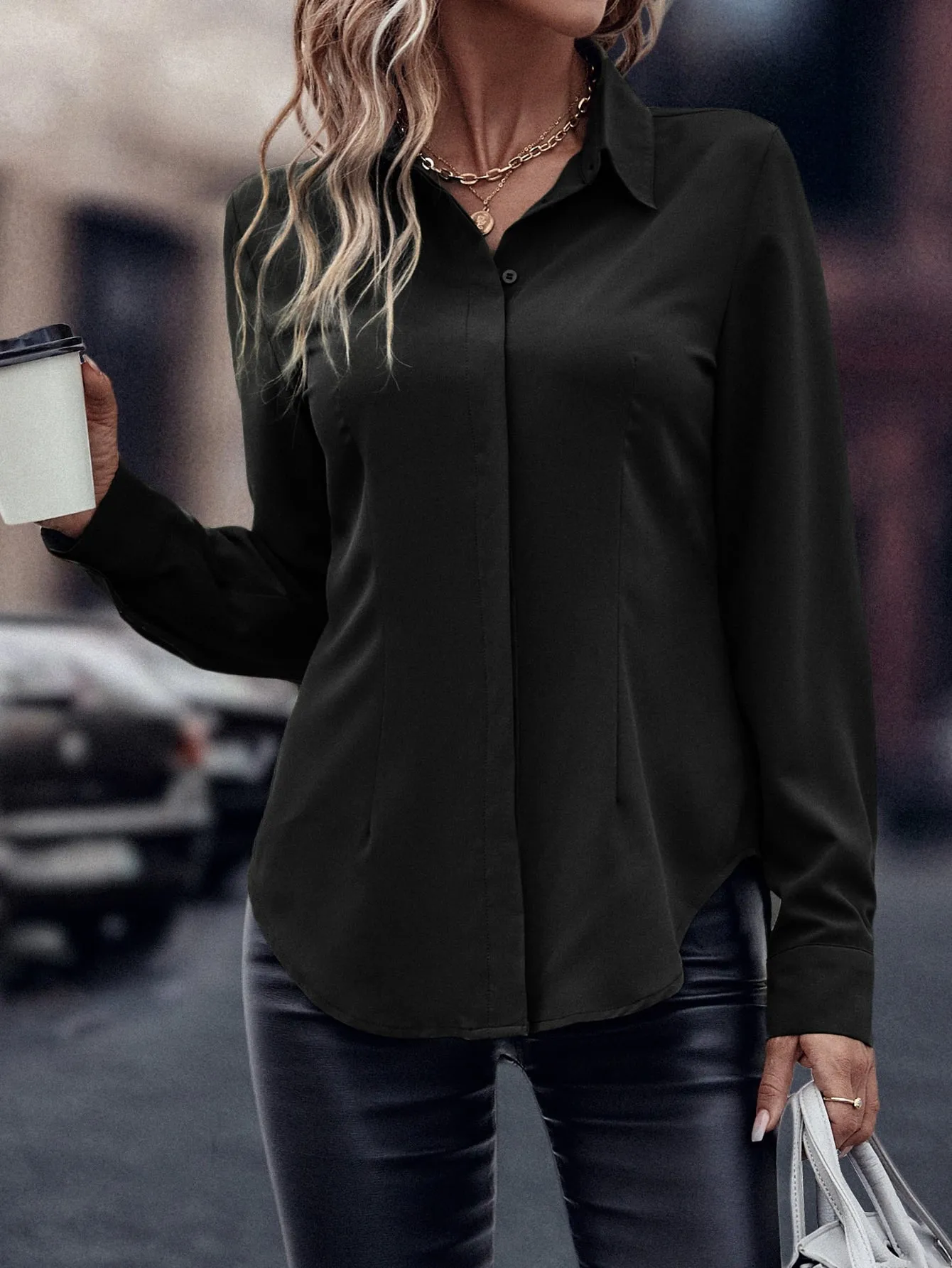 Curved Hem Hidden Button Through Shirt