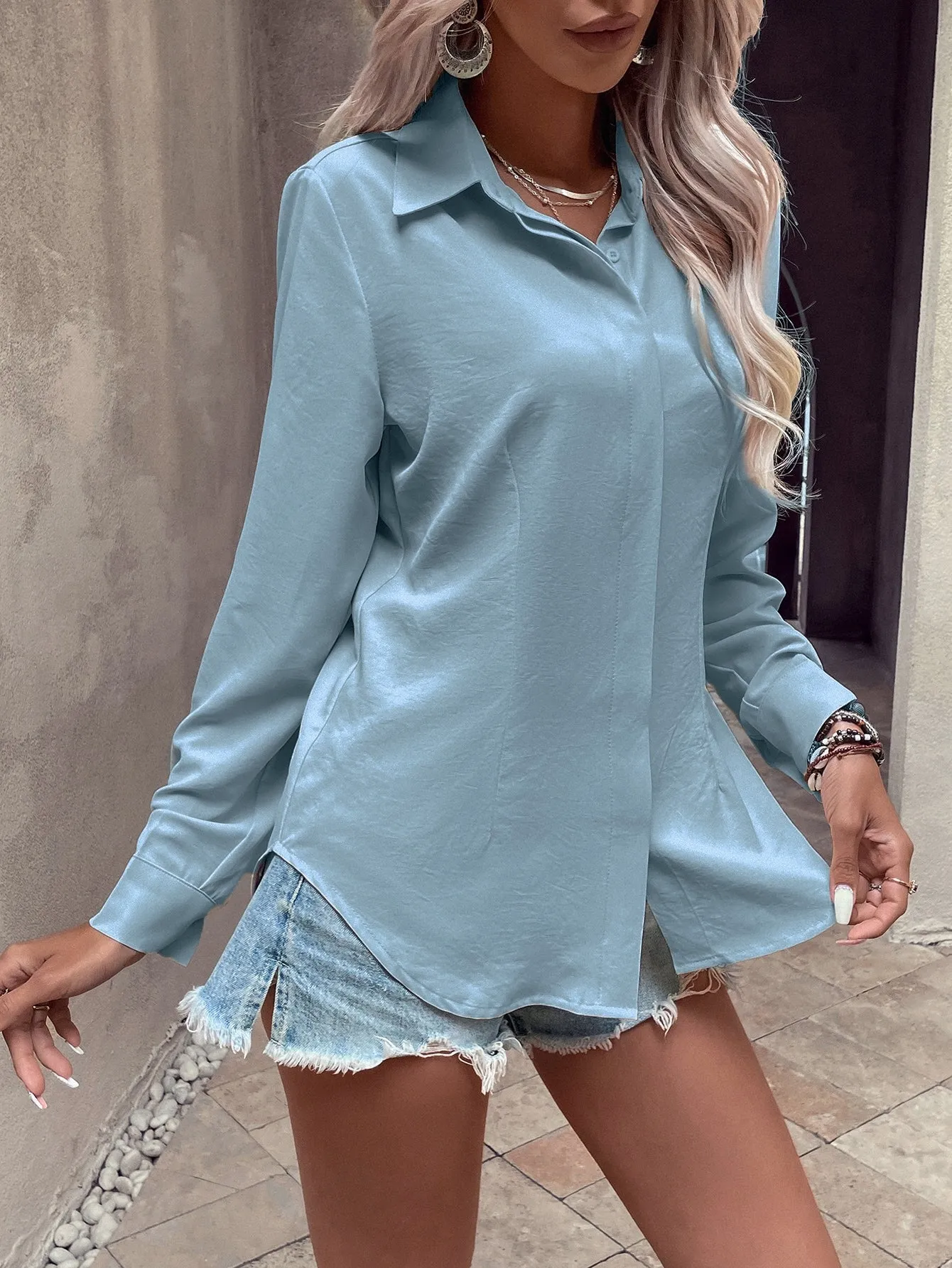 Curved Hem Hidden Button Through Shirt