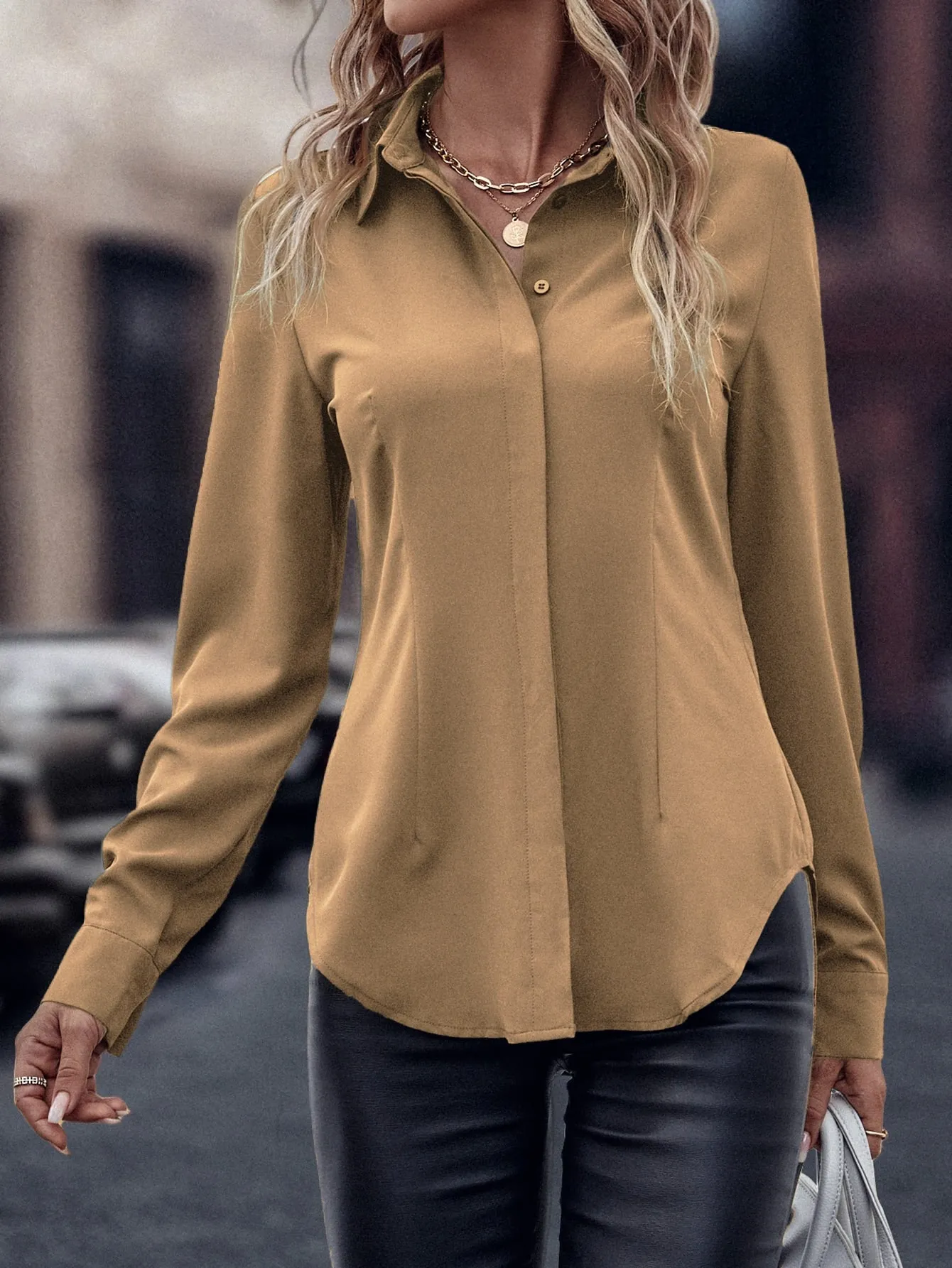 Curved Hem Hidden Button Through Shirt
