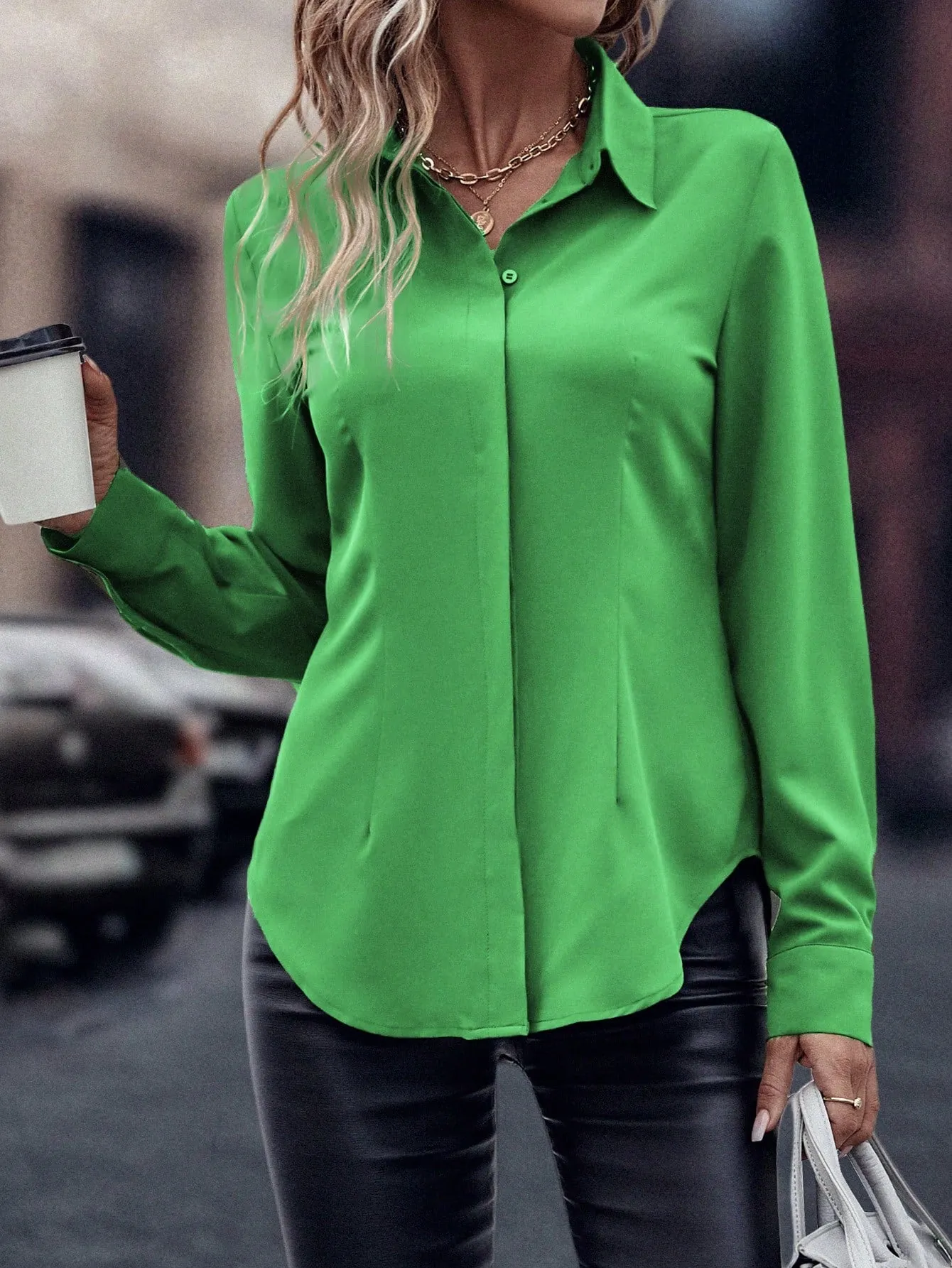 Curved Hem Hidden Button Through Shirt