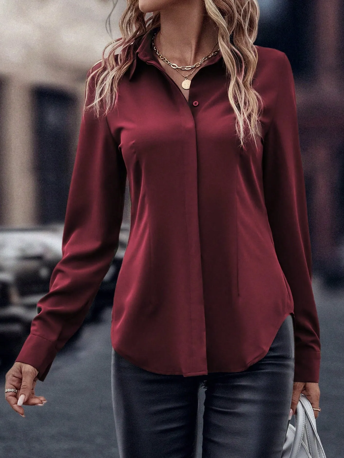 Curved Hem Hidden Button Through Shirt
