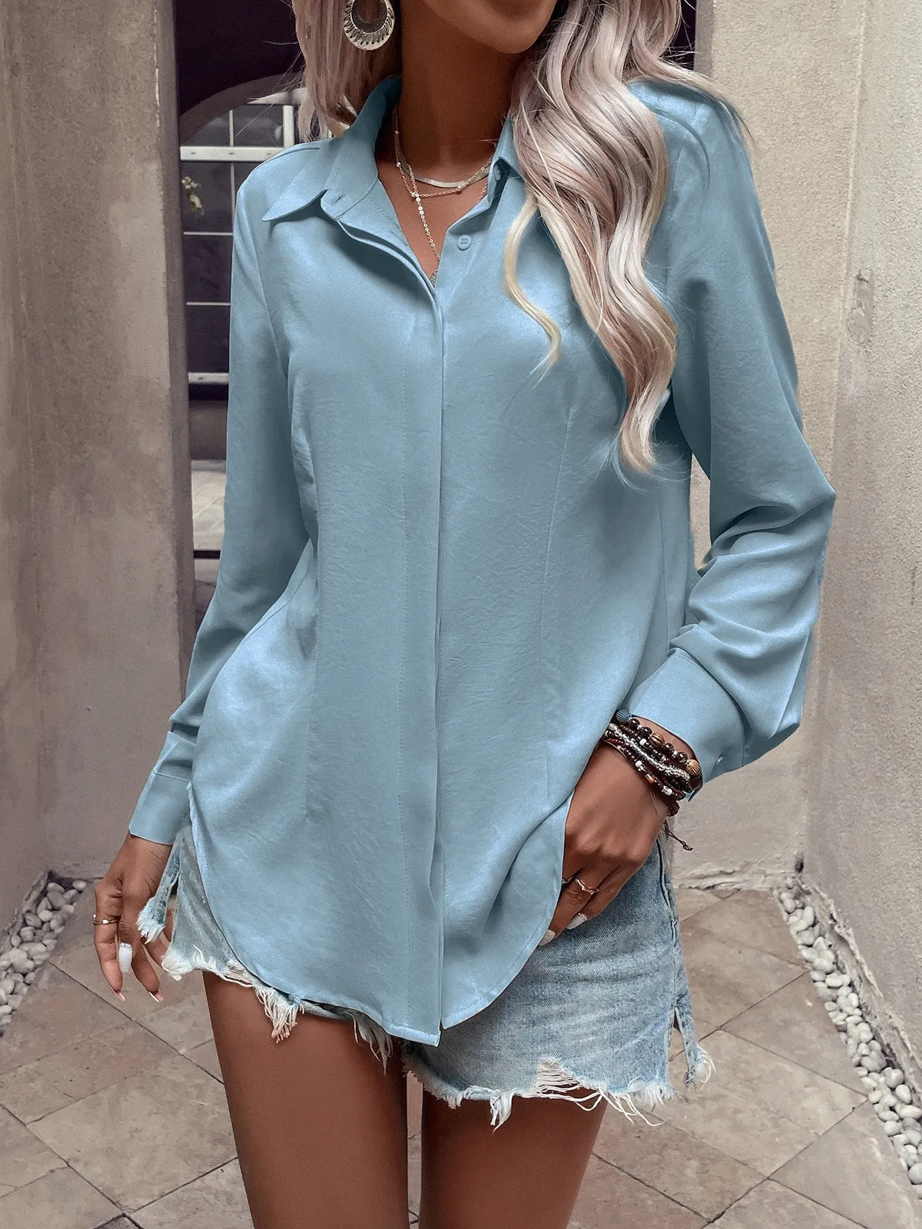 Curved Hem Hidden Button Through Shirt