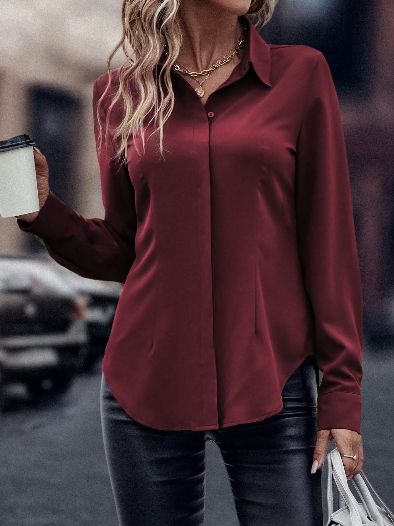 Curved Hem Hidden Button Through Shirt