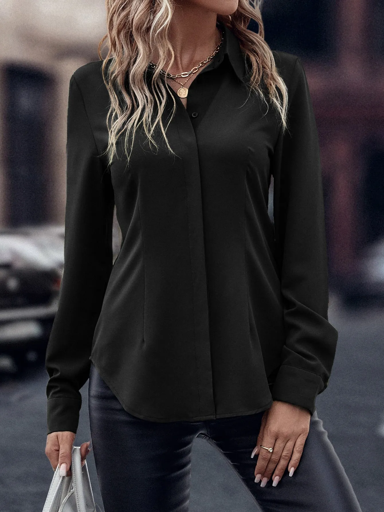 Curved Hem Hidden Button Through Shirt